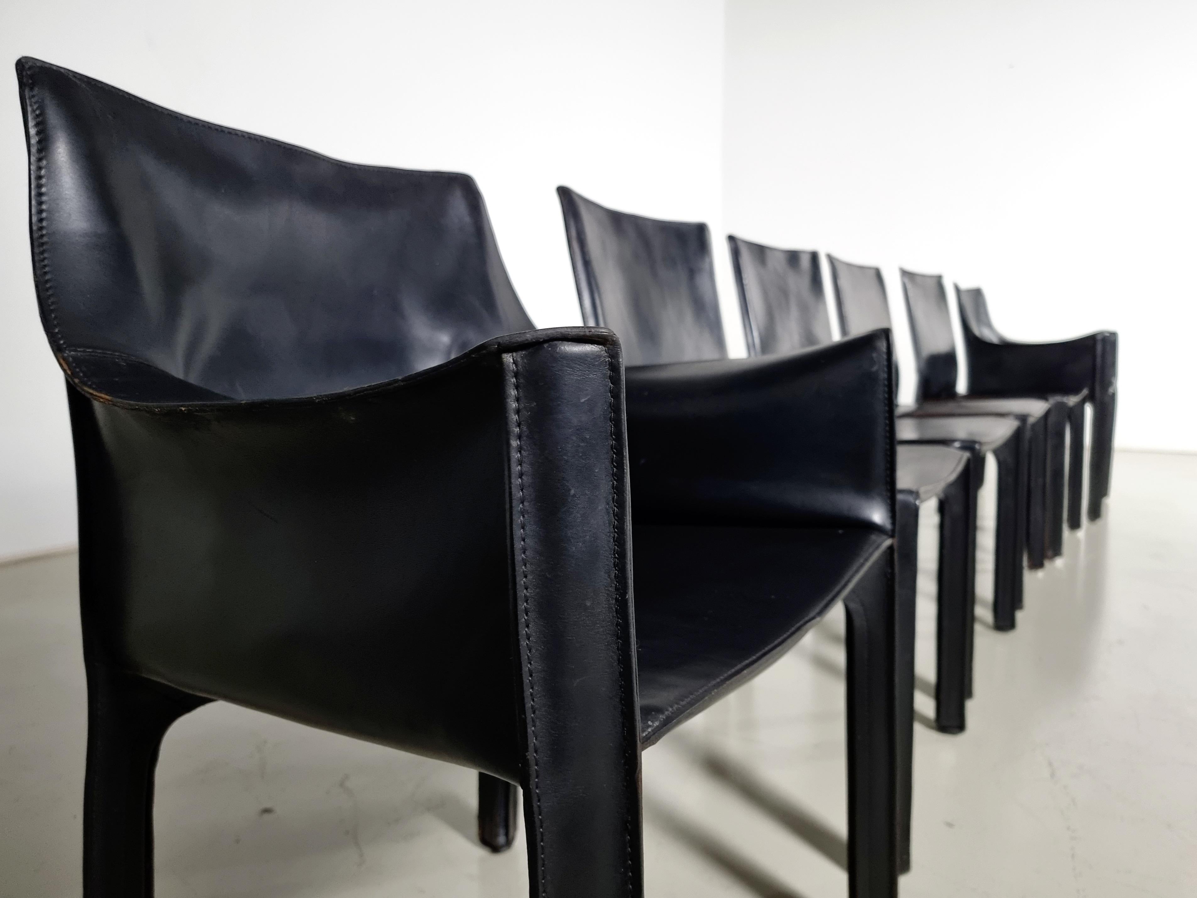 Set of 6 black leather Cab 413 and 412 Chairs by Mario Bellini for Cassina 4