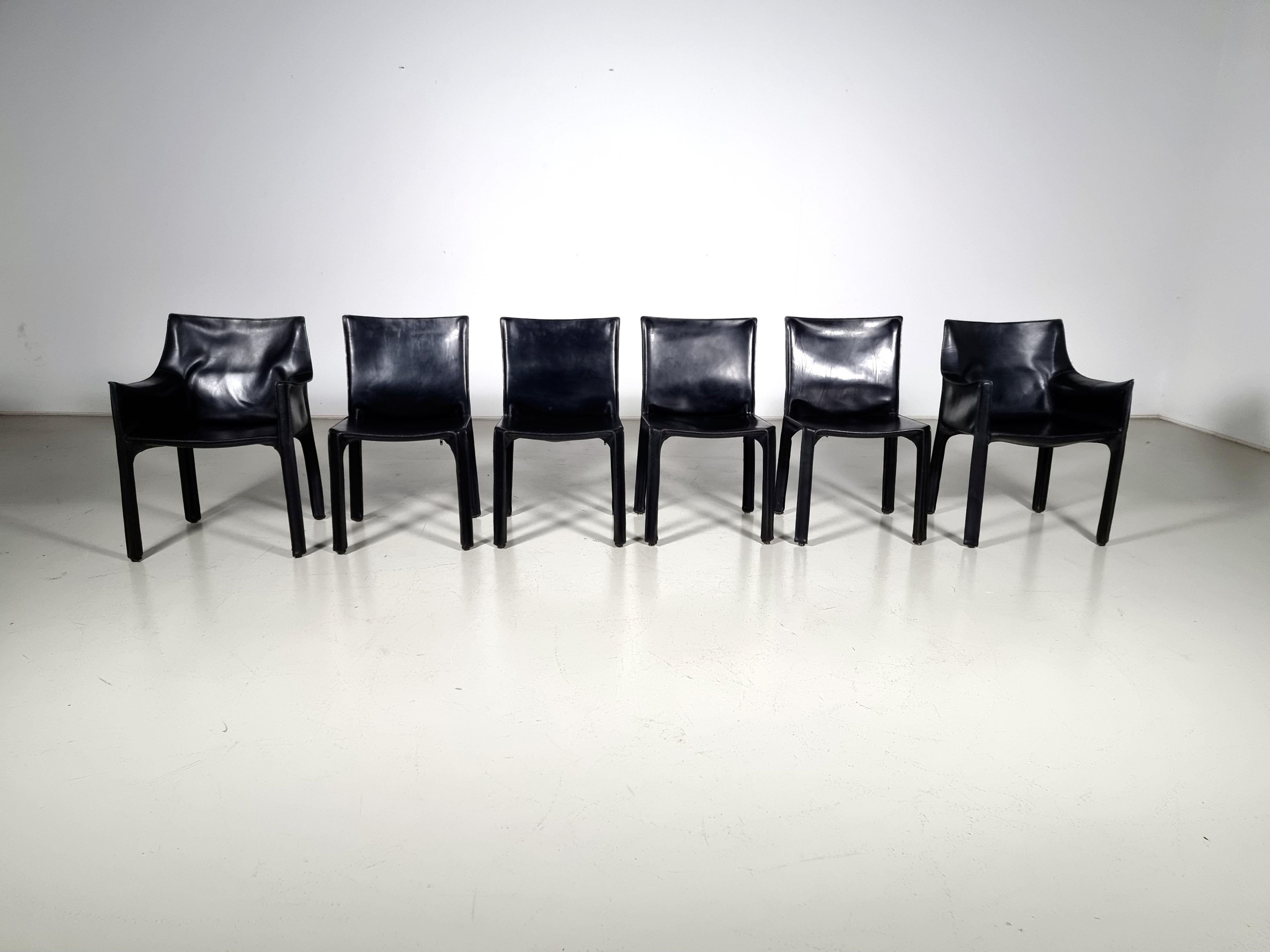 Set of 6 black leather Cab 413 and 412 Chairs by Mario Bellini for Cassina In Good Condition In amstelveen, NL