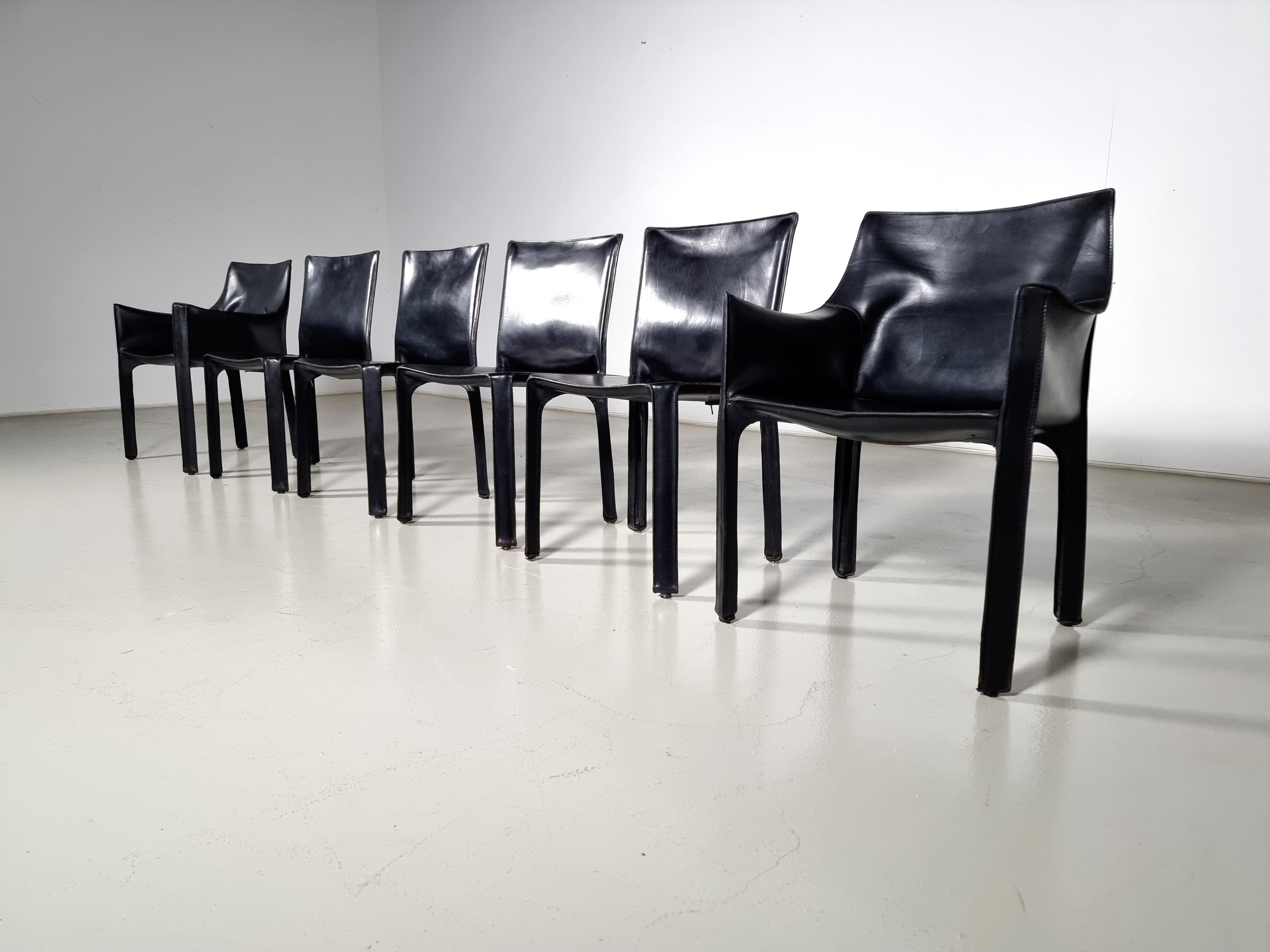 Late 20th Century Set of 6 black leather Cab 413 and 412 Chairs by Mario Bellini for Cassina