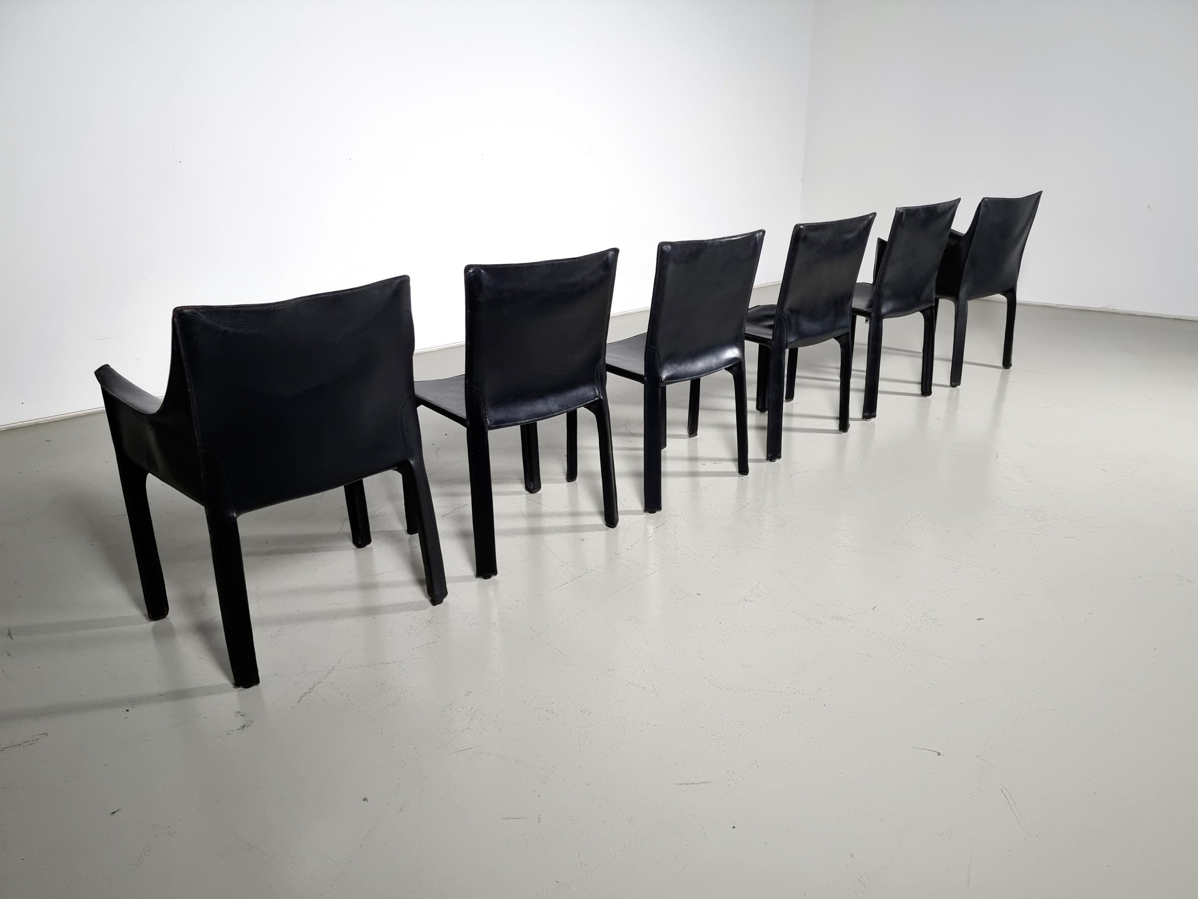 Set of 6 black leather Cab 413 and 412 Chairs by Mario Bellini for Cassina 1