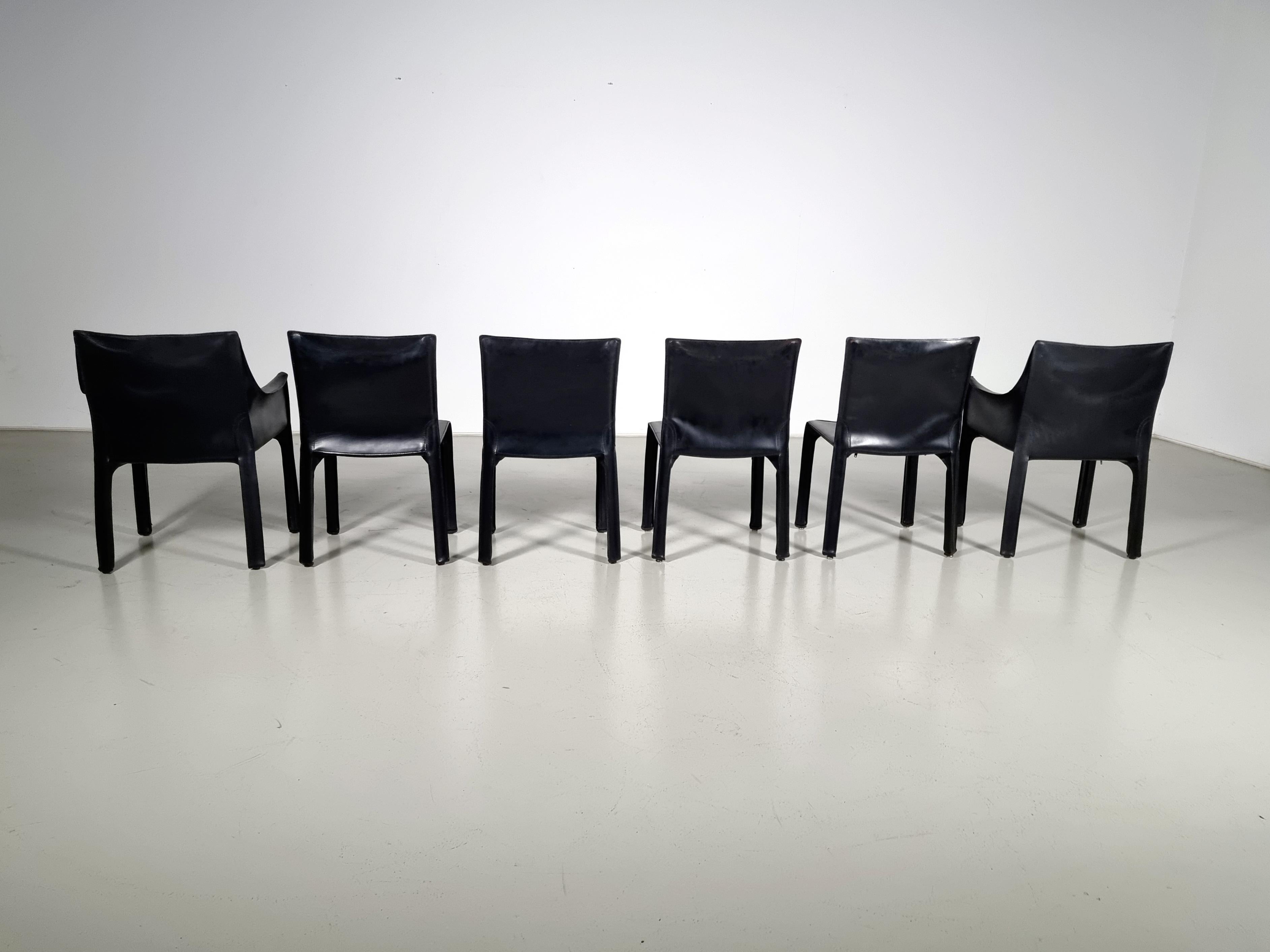 Set of 6 black leather Cab 413 and 412 Chairs by Mario Bellini for Cassina 2