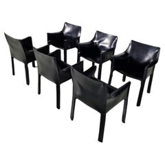 Vintage Set of 6 Cab 413 Chairs in black leather by Mario Bellini for Cassina, 1980s