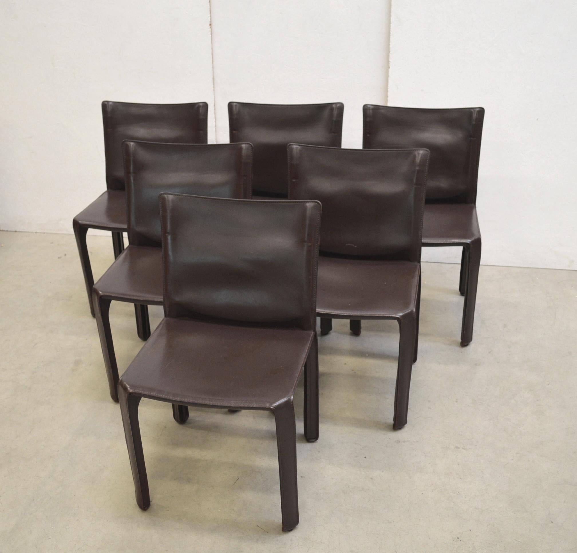 Italian Set of 6 Cab Chair 412 by Mario Bellini for Cassina Chocolate Brown Leather