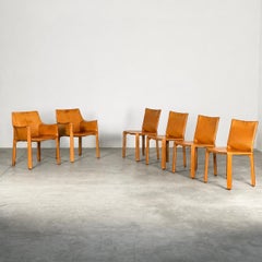 Set of 6 CAB Chairs by Mario Bellini for Cassina, Original Cognac Leather Patina