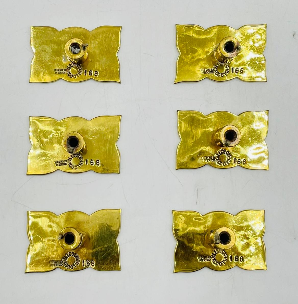 Set of 6 Cabinet Pulls in Brass & Stone inlay by Los Castillo, Mexico 1950s For Sale 5