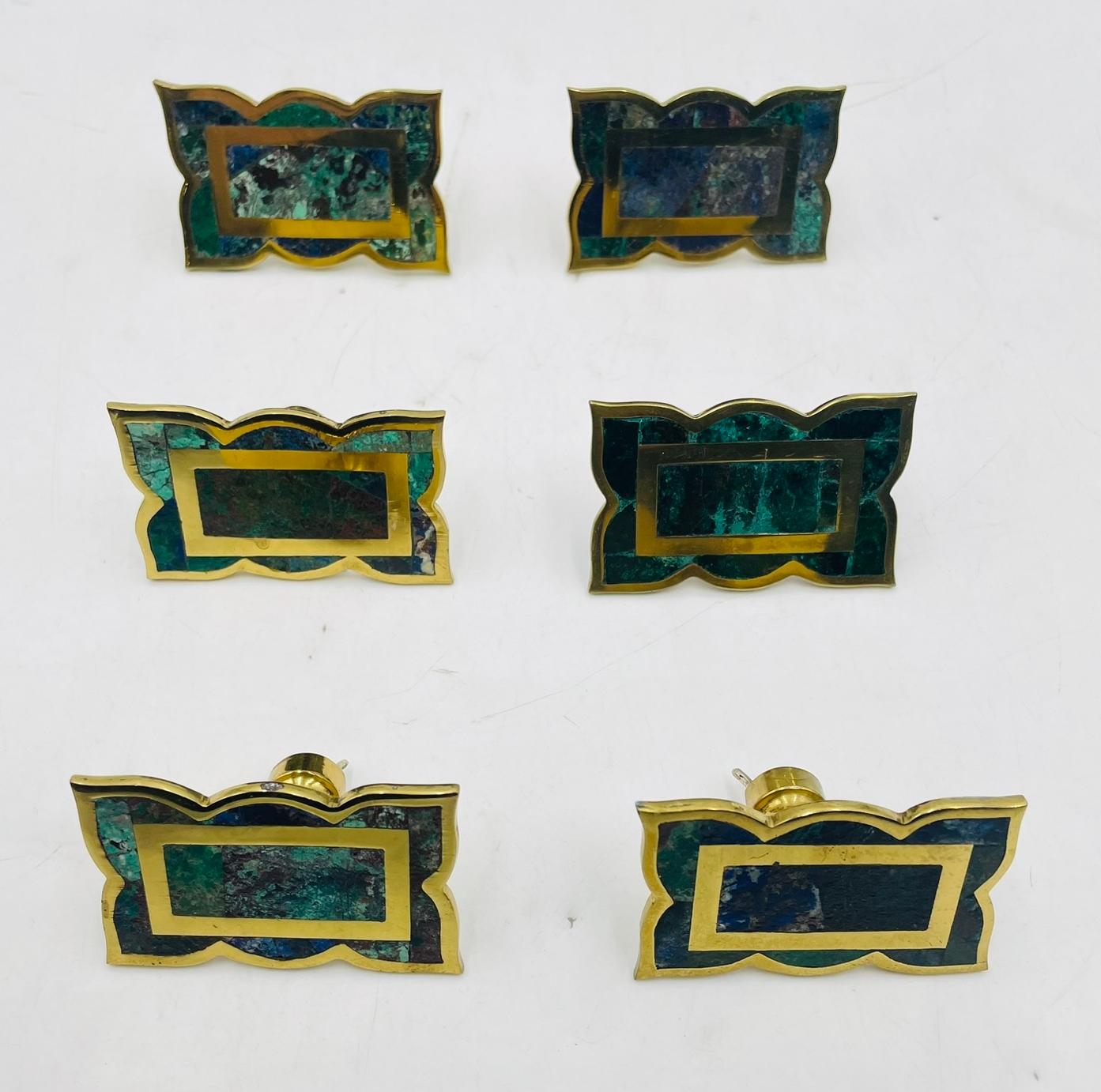 Mid-Century Modern Set of 6 Cabinet Pulls in Brass & Stone inlay by Los Castillo, Mexico 1950s For Sale