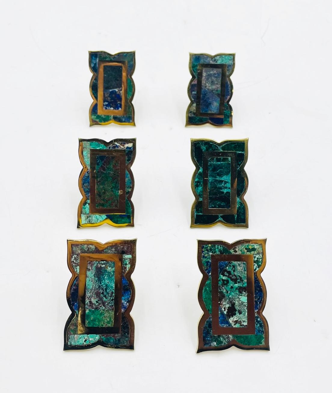 Mexican Set of 6 Cabinet Pulls in Brass & Stone inlay by Los Castillo, Mexico 1950s For Sale