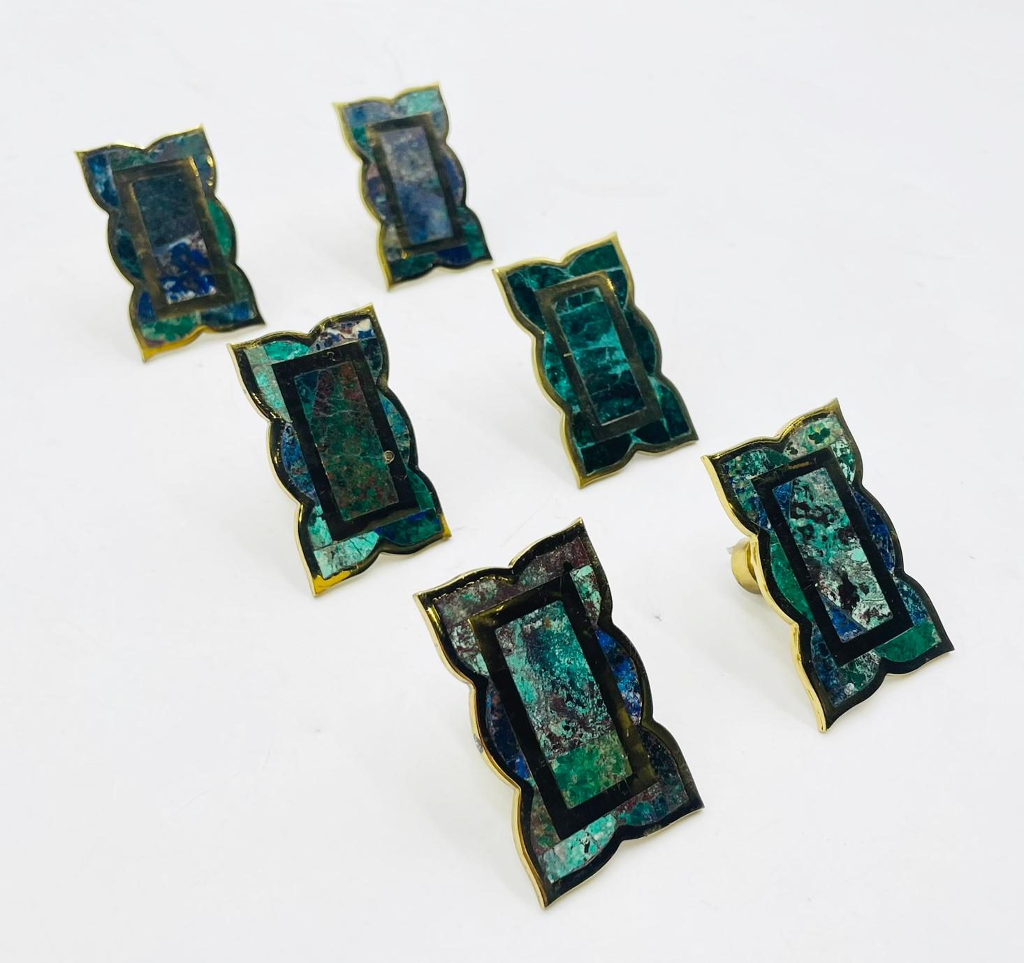 Hand-Crafted Set of 6 Cabinet Pulls in Brass & Stone inlay by Los Castillo, Mexico 1950s For Sale