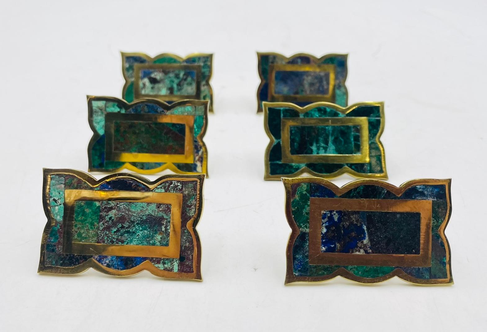 Set of 6 Cabinet Pulls in Brass & Stone inlay by Los Castillo, Mexico 1950s For Sale 1