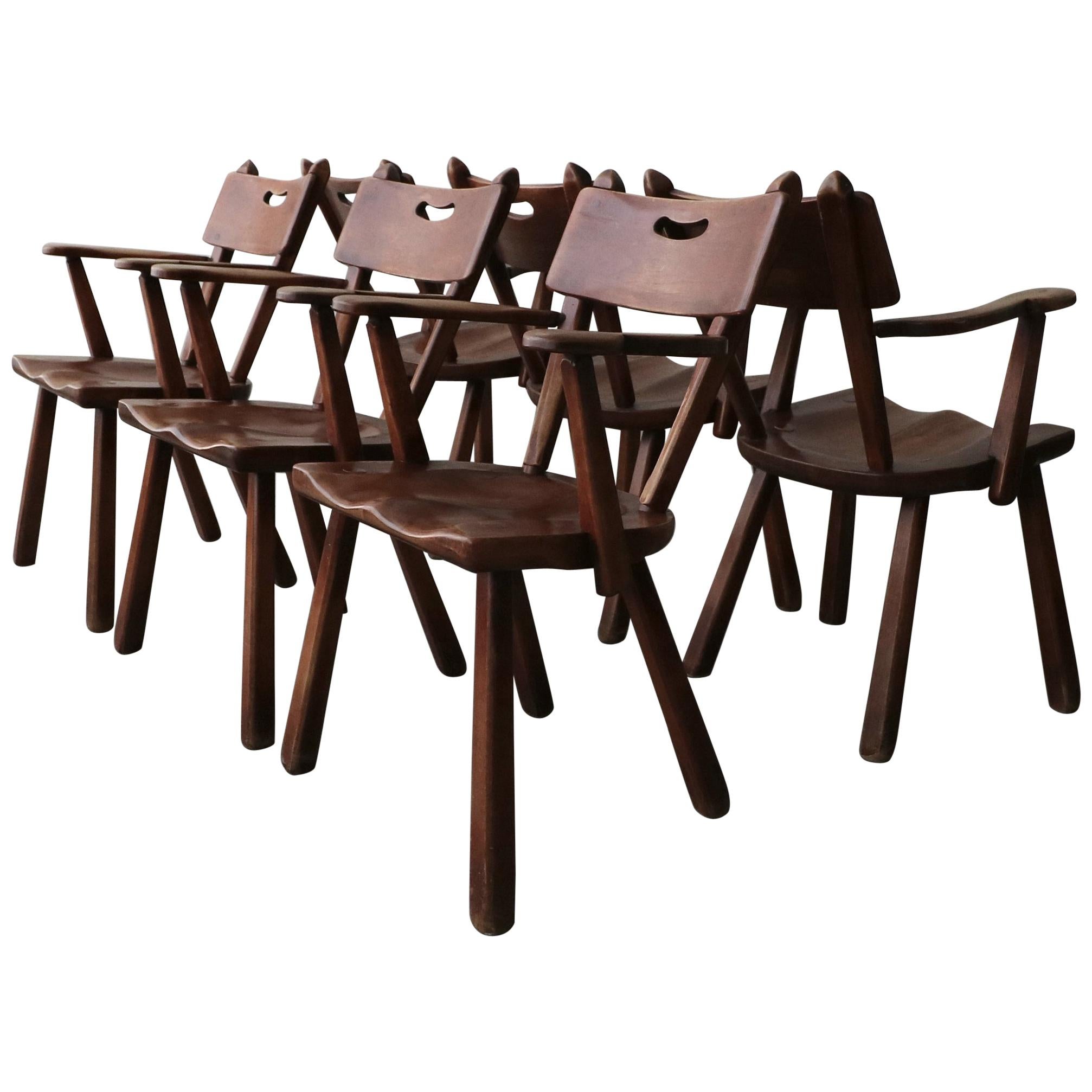 Set of 6 California Modern Studio Craft Primitive Wood Dining Chairs