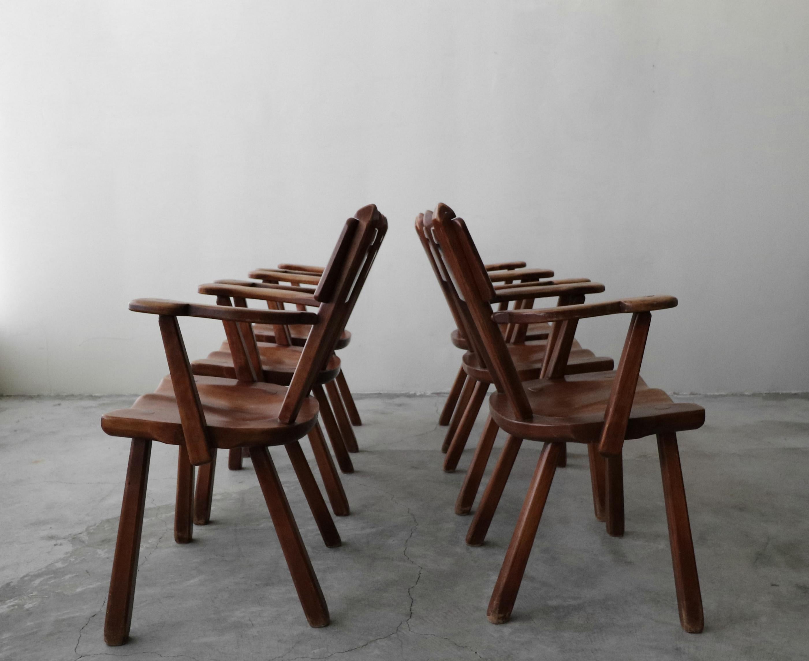 Minimalist Set of 6 California Studio Craft Primitive Wood Dining Chairs
