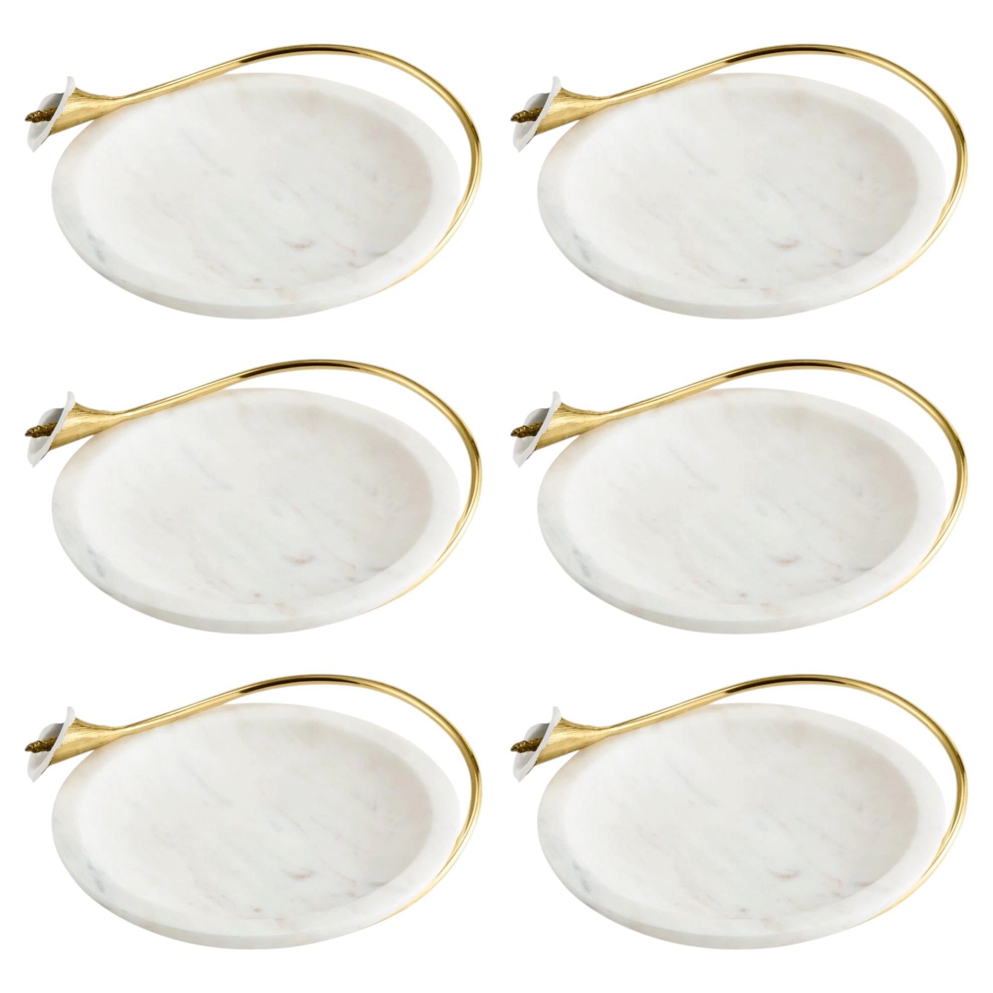 Set of 6 Calla Lily Marble Dishes in Brass and White Enamel
