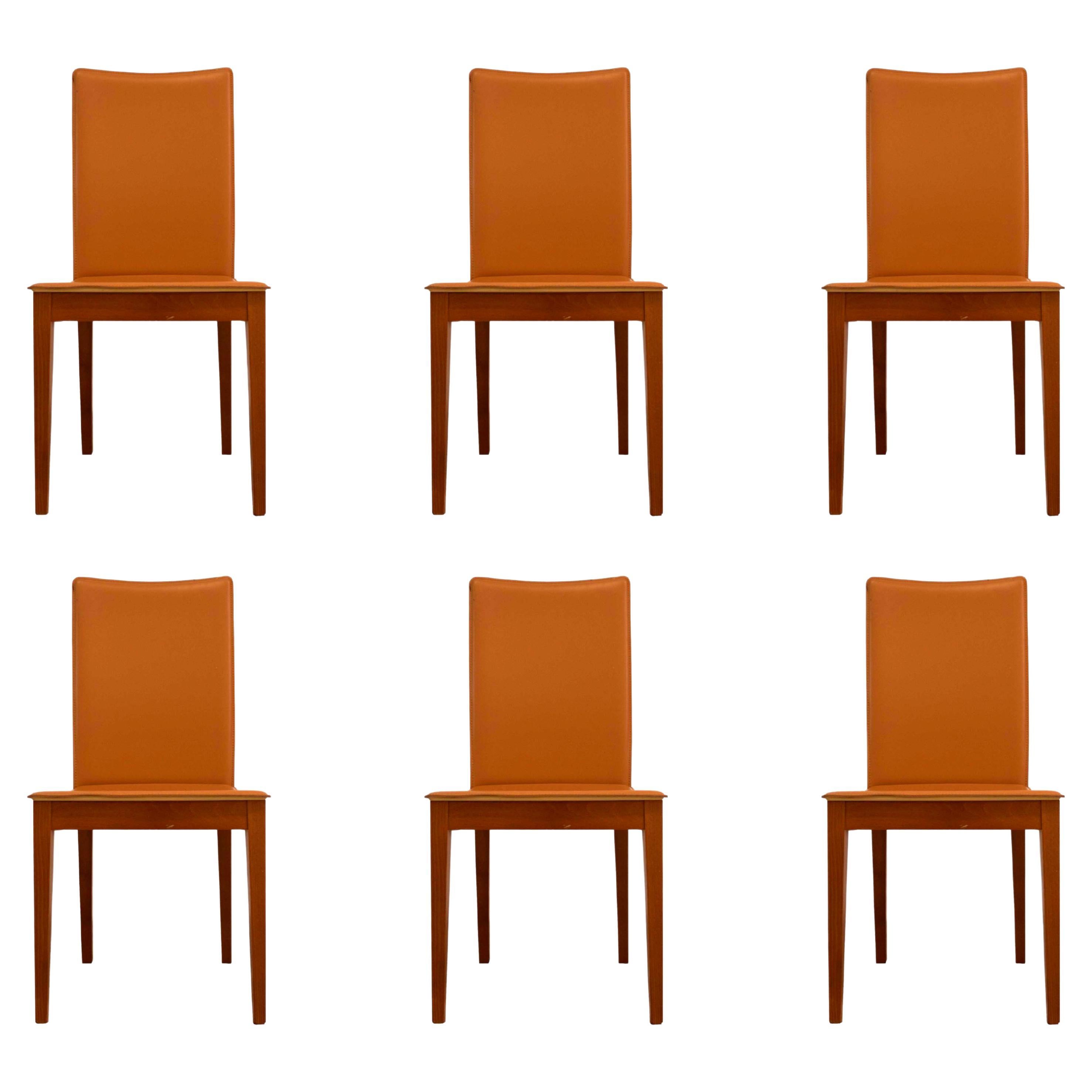 Set of 6 Calligaris Leather Italian Dining Chairs in Umber Modern Contemporary
