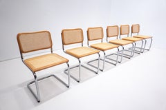 Set of 6 Cane and Wood Chairs, Marcel Breuer Style, Italy, 1960s