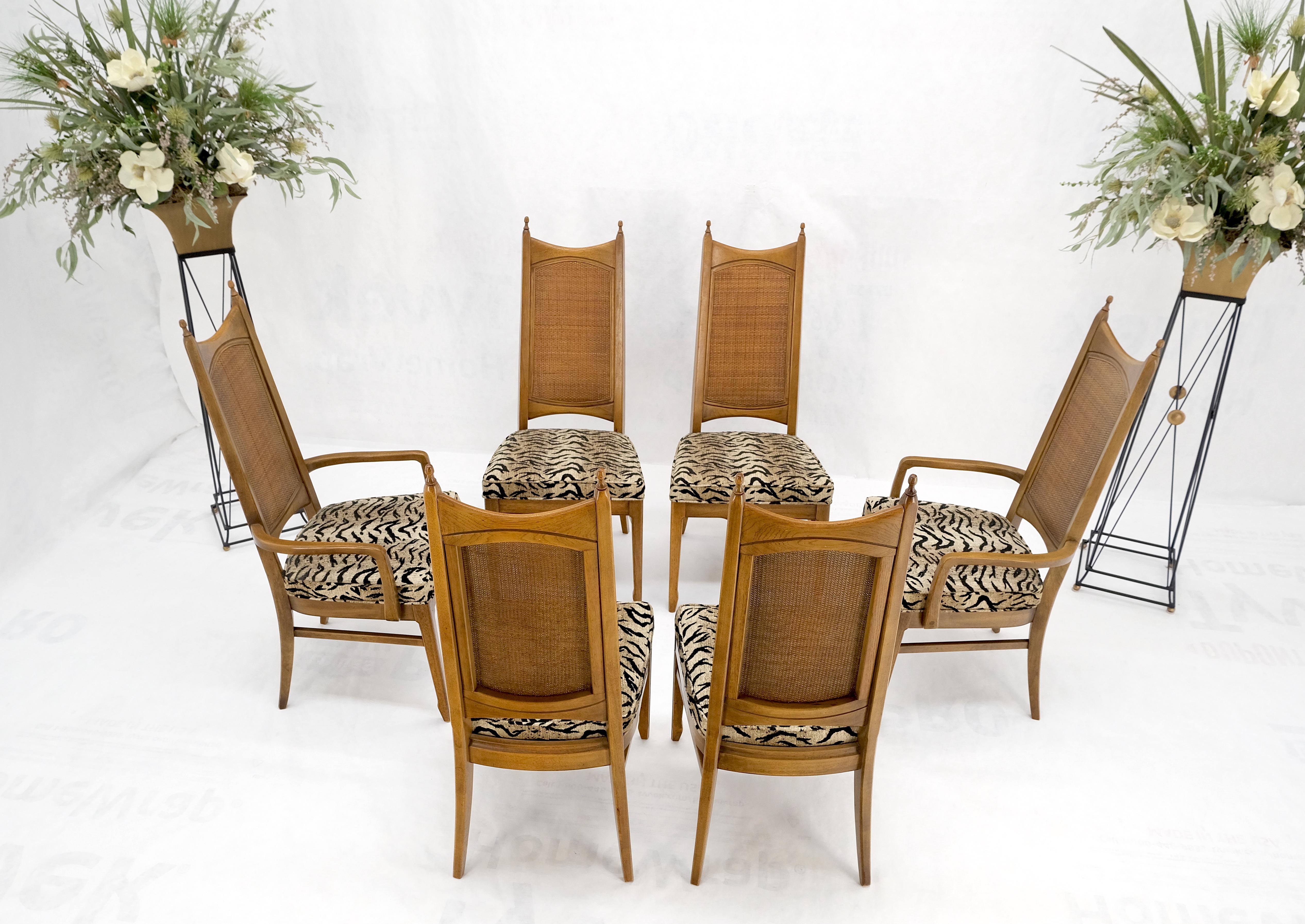 Set of 6 cane tall back pecan Mid-Century Modern chairs mint!
Natural organic Safari pattern upholstery.