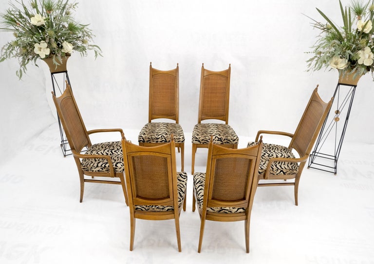 Set of 6 Cane Tall Back Pecan MidCentury Modern Chairs Mint For Sale