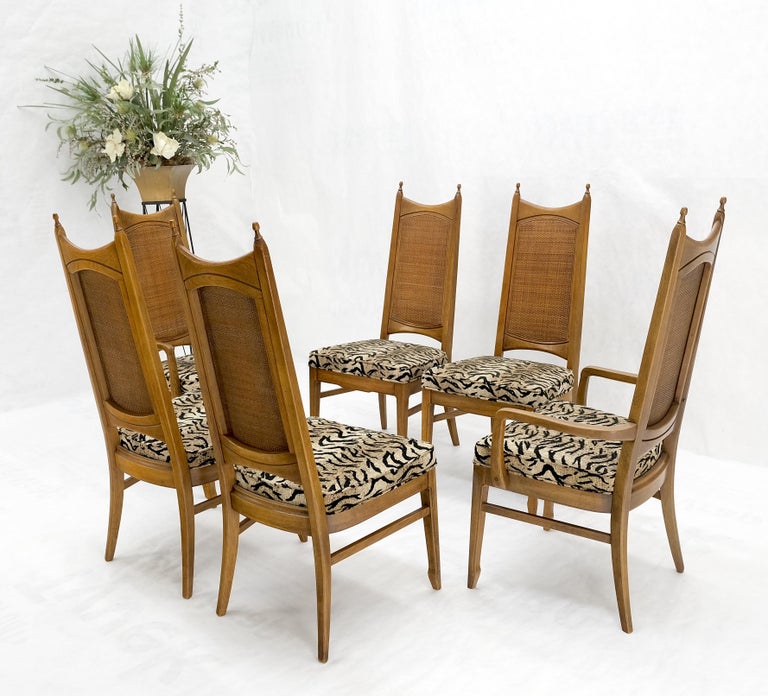 Set of 6 Cane Tall Back Pecan MidCentury Modern Chairs Mint For Sale