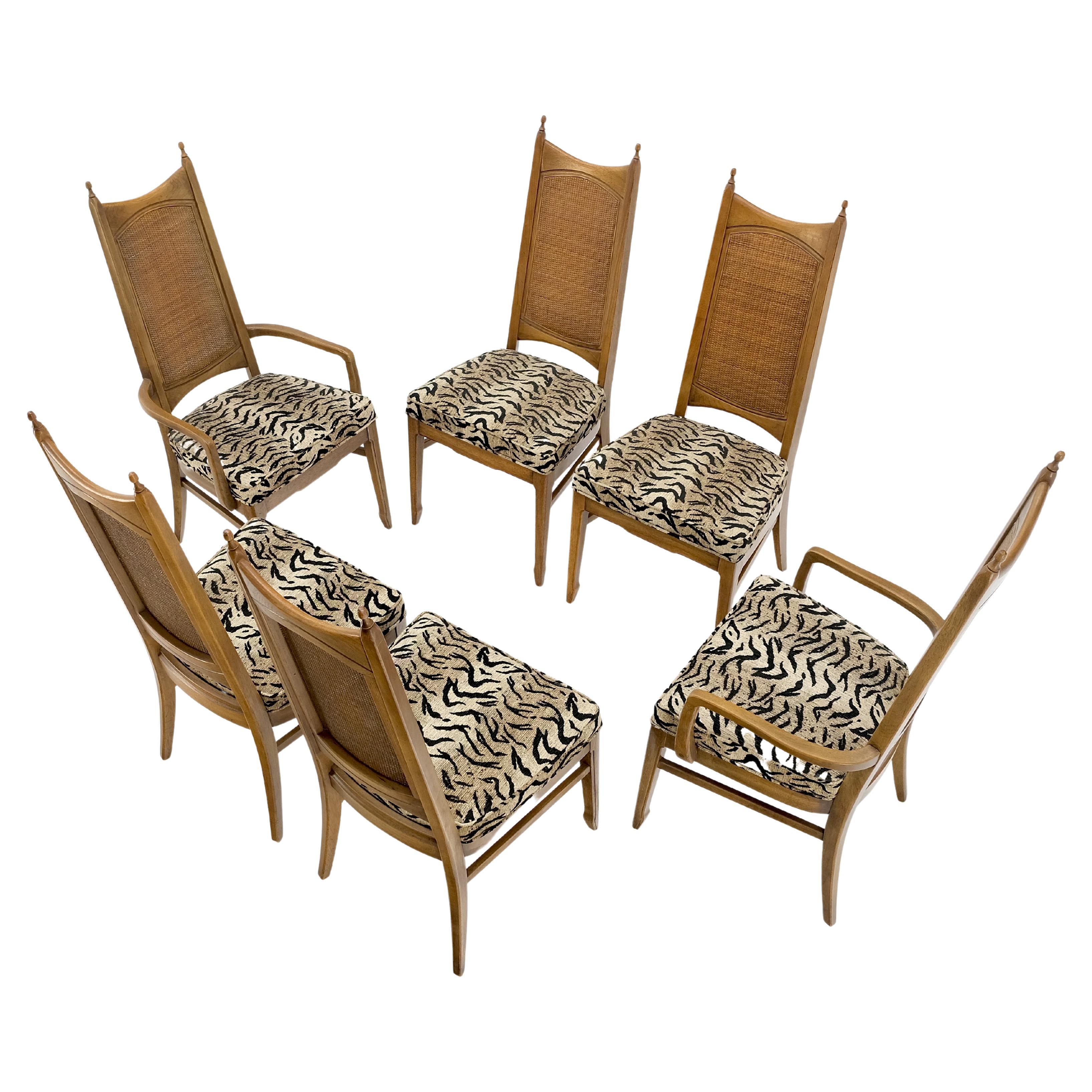 Set of 6 Cane Tall Back Pecan Mid-Century Modern Chairs Mint For Sale