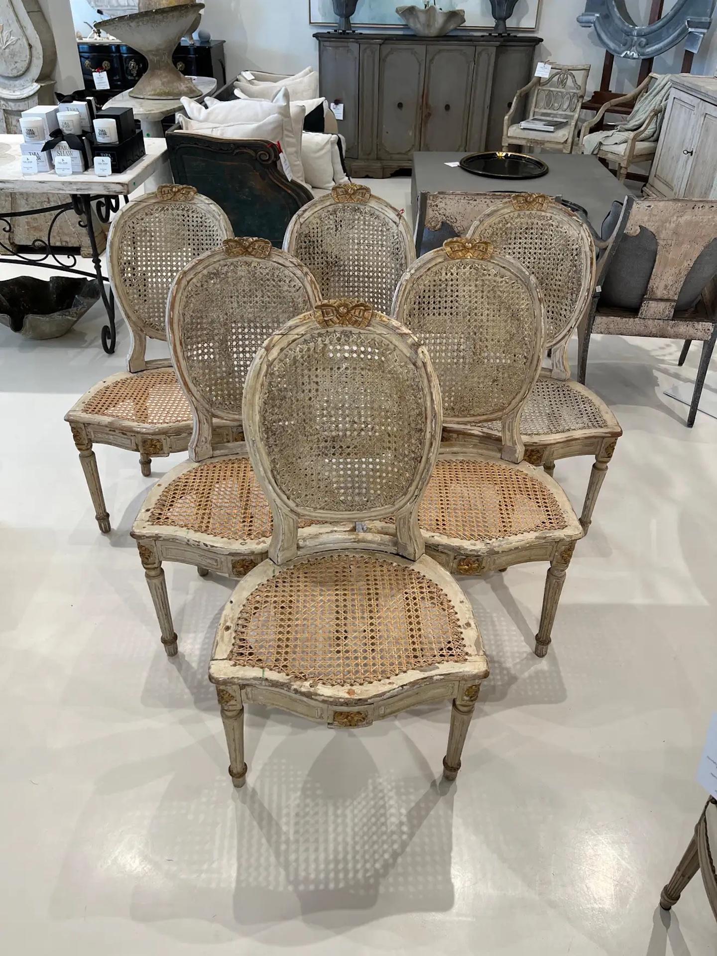 French Set of 6 Caned Chairs, 18th Century Louis XVI For Sale