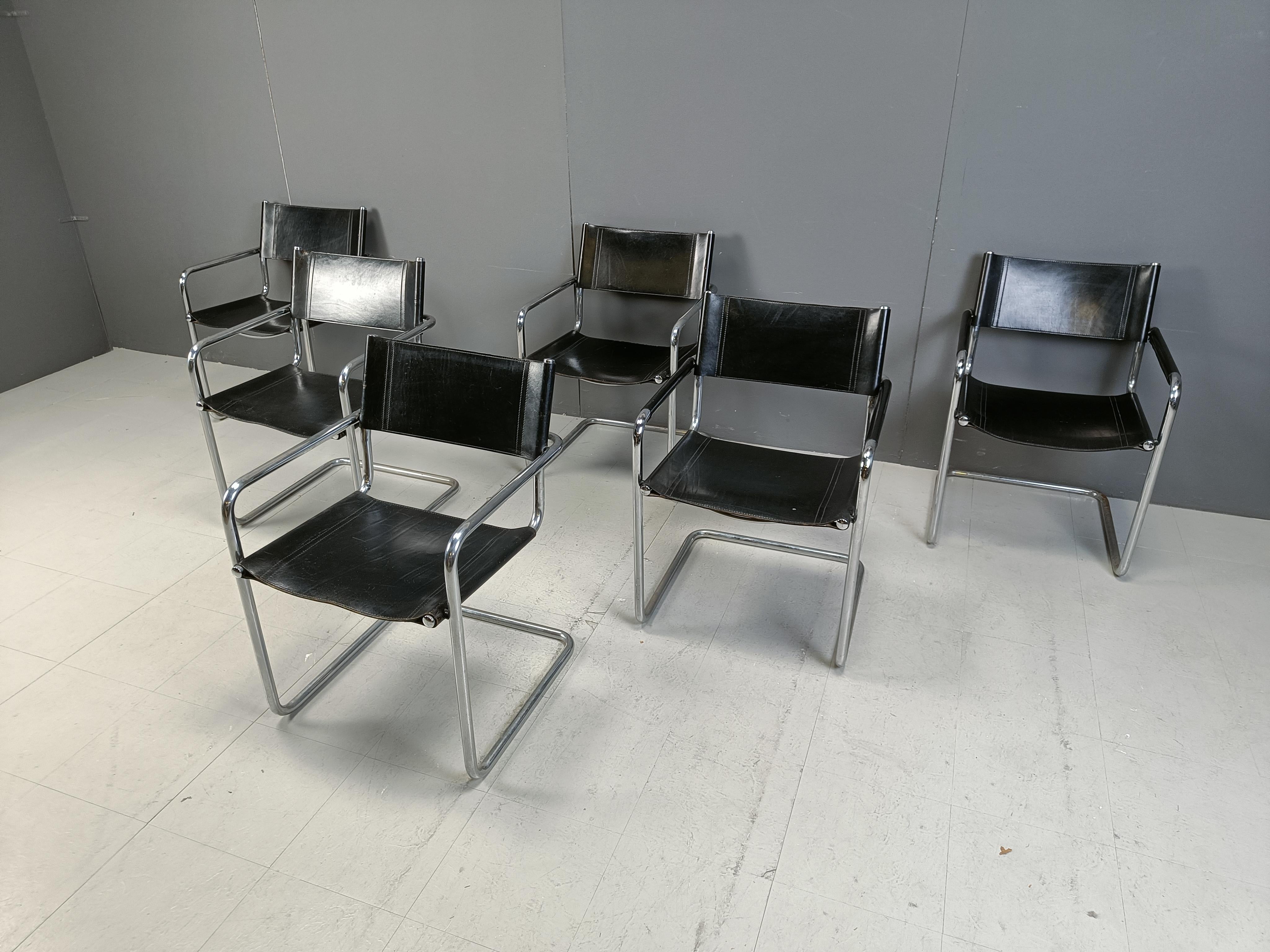Leather Set of 6 Cantilever dining chairs by Linea Veam, 1980s