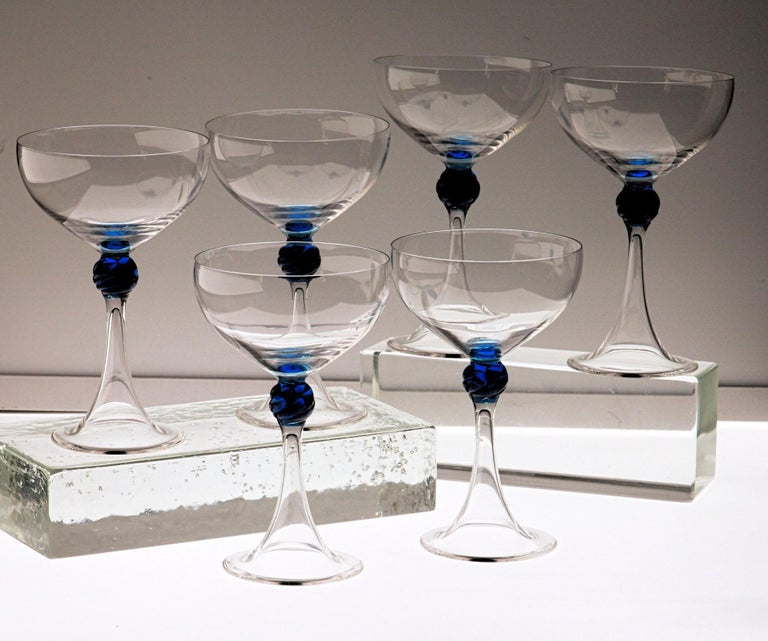 Set of 6 Caravaggeschi Martini Champagne Murano Glass Cenedese Clear Cobalt 3