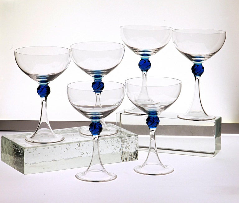 Mid-Century Modern Set of 6 Caravaggeschi Martini Champagne Murano Glass Cenedese Clear Cobalt