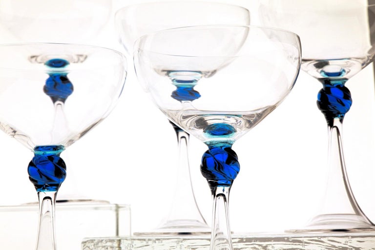 Italian Set of 6 Caravaggeschi Martini Champagne Murano Glass Cenedese Clear Cobalt