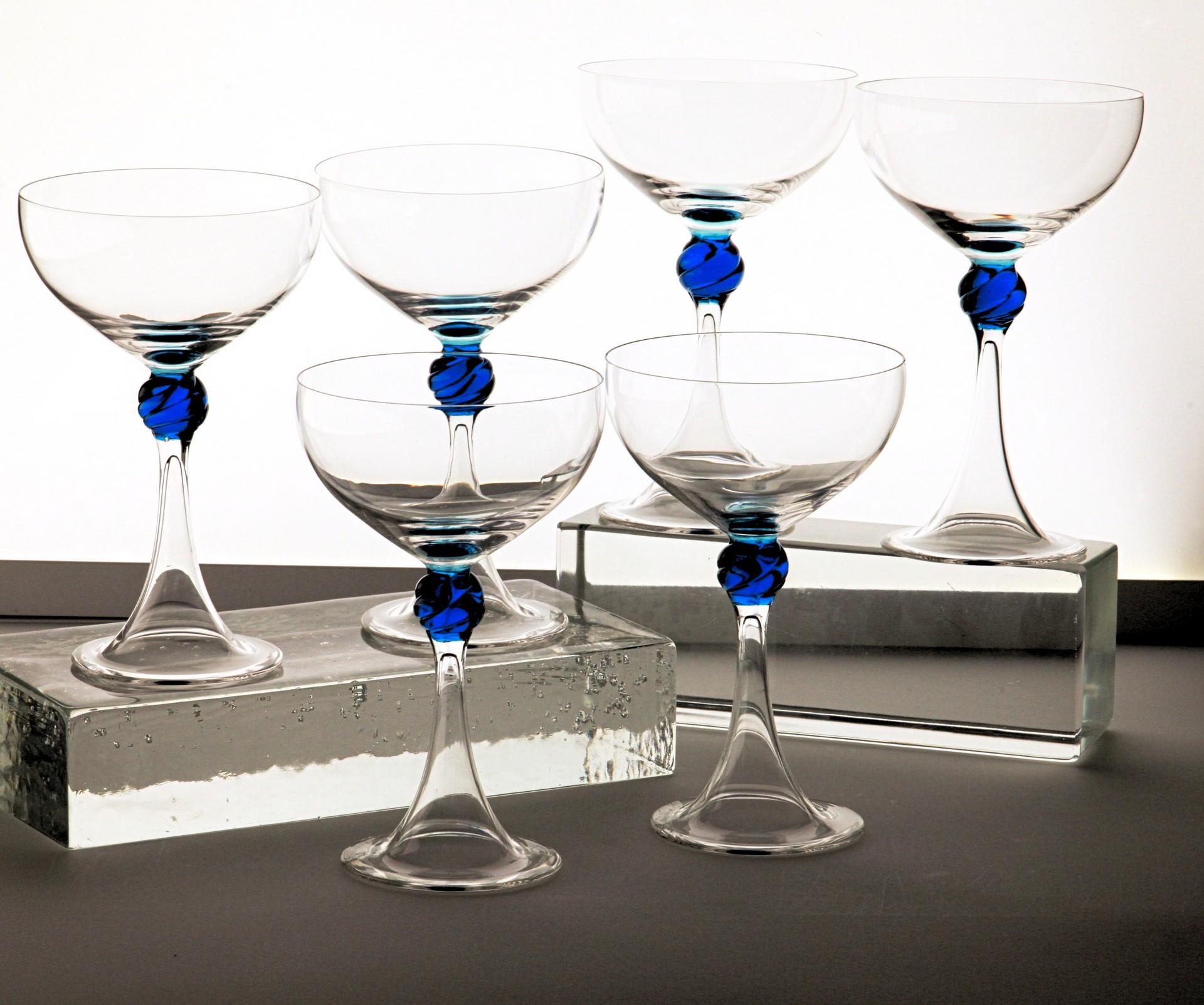 Art Glass Set of 6 Caravaggeschi Martini Champagne Murano Glass Cenedese Clear Cobalt