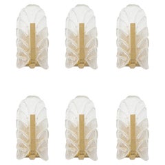Vintage Set of 6 Carl Fagerlund Frosted Glass and Brass Leaf Sconces