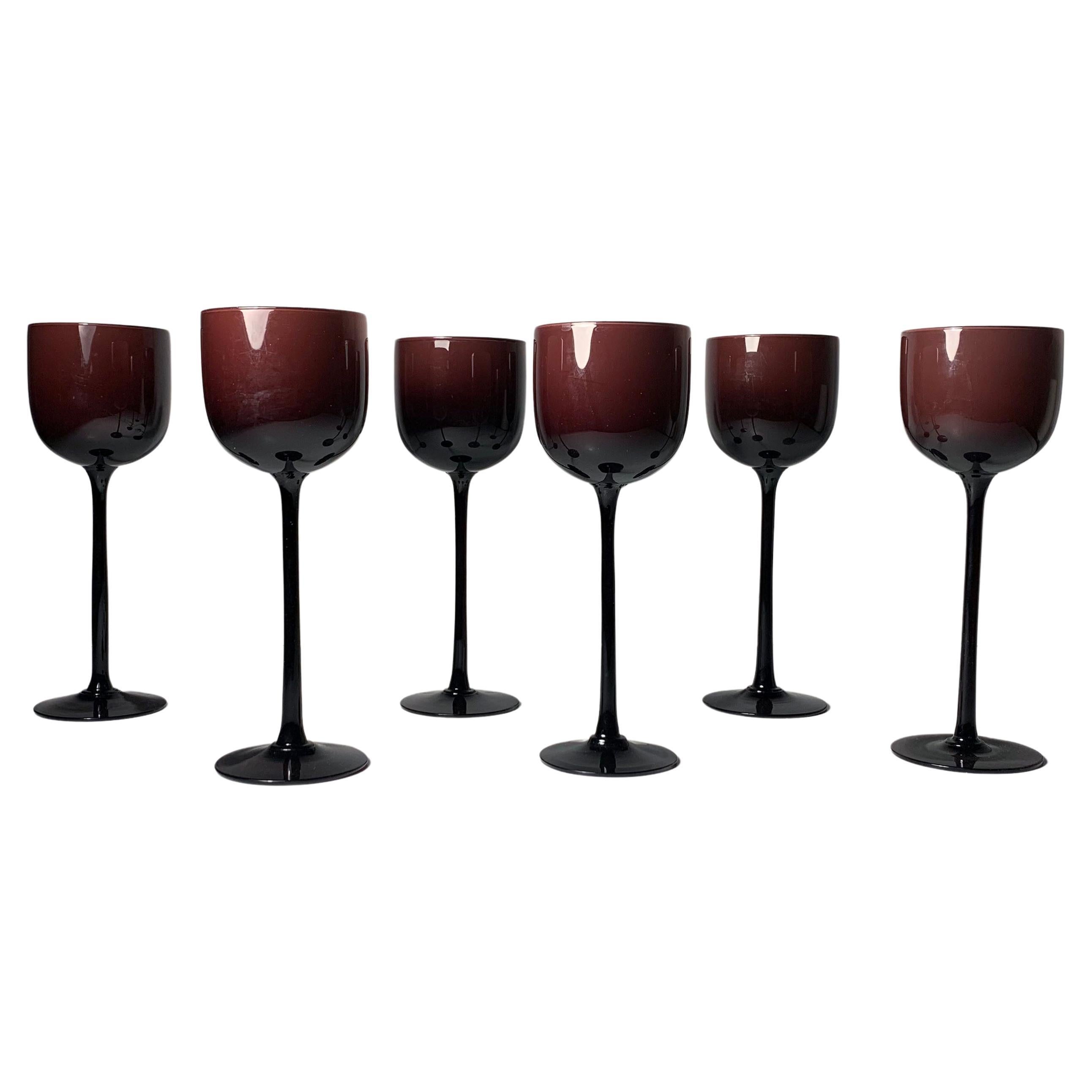 Set of 6 Carlo Moretti / Empoli Cased Glass Plum Wine Glasses For Sale