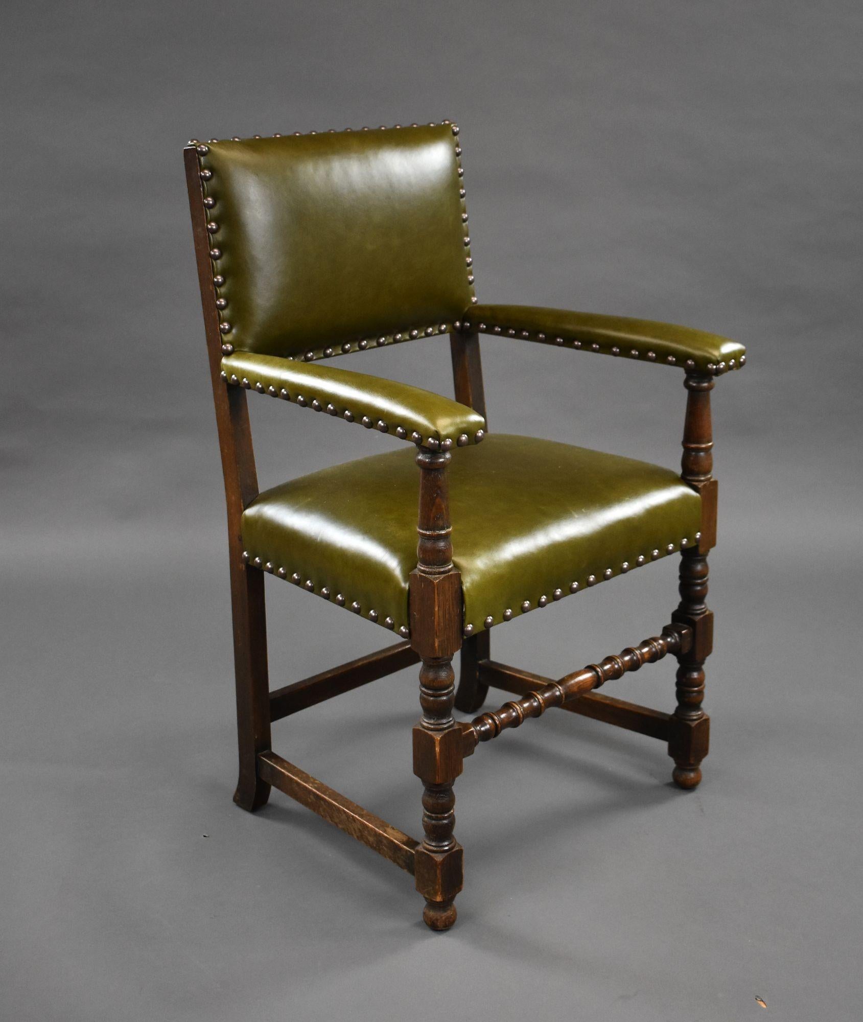 For sale is a good quality set of 6 Carolean style oak dining chairs, upholstered in good quality leather, raised on turned and block supports. All of the chairs are structurally sound and are in very good condition, showing minor signs of wear