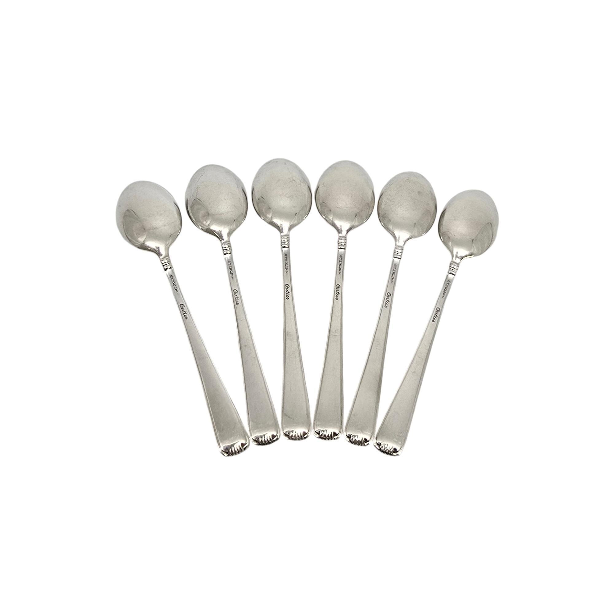 Set of 6 sterling silver demitasse spoons in the Marie Louise pattern by Cartier with monogram.

Monogram appears to be D

Cartier's Marie Louise pattern features a simple and timeless scroll design with ribbed edging. These small spoons are for