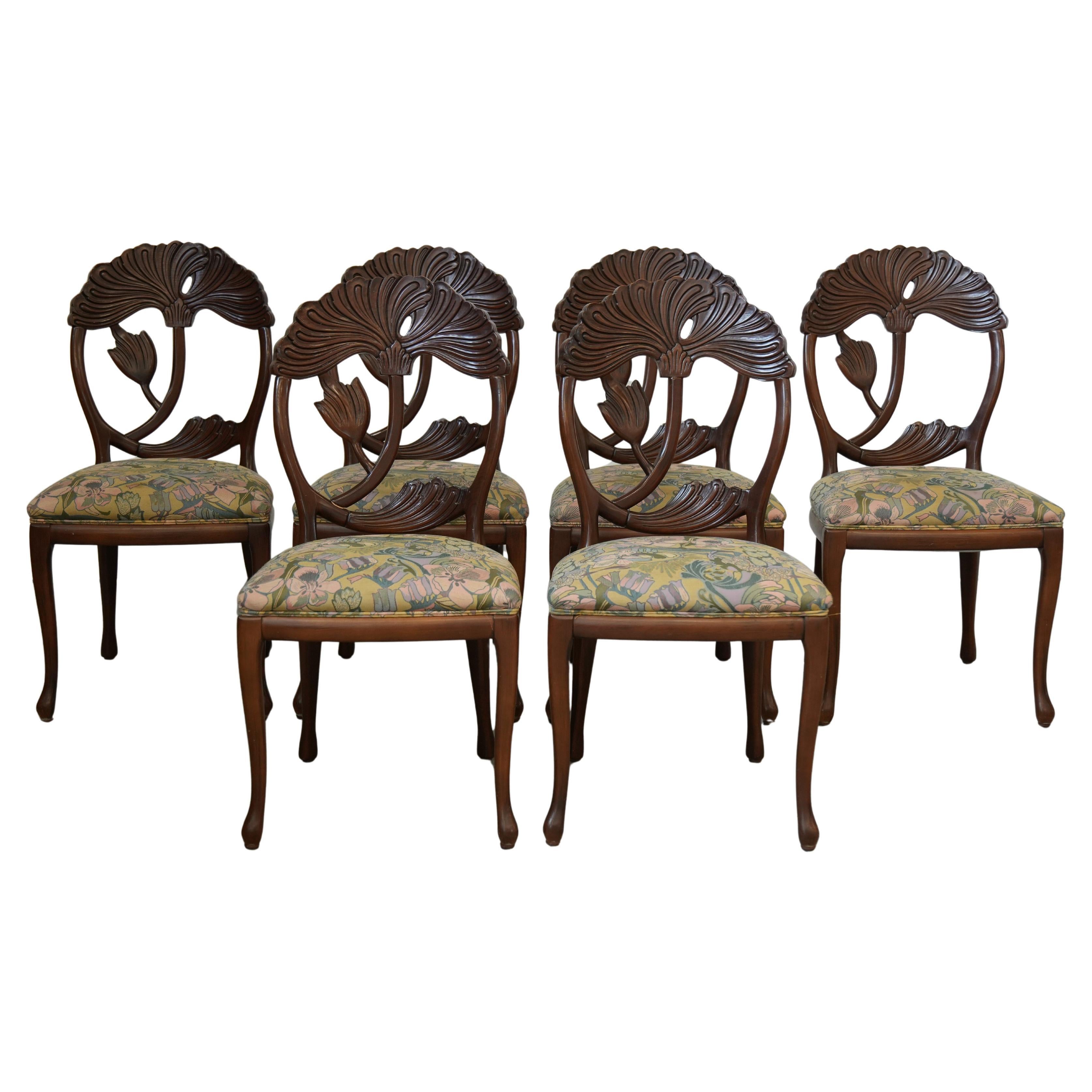 Set of 6 Carved Beech Dining Chairs with Floral Damask Upholstery, 1990s/2000s