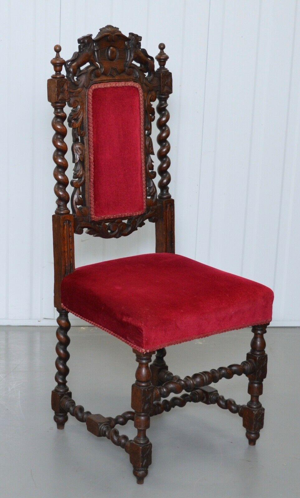 Jacobean SET OF 6 CARVED CHAIRS WiTH LIONS ON THE BACK ARMORIAL CREST/ COAT OF ARMS