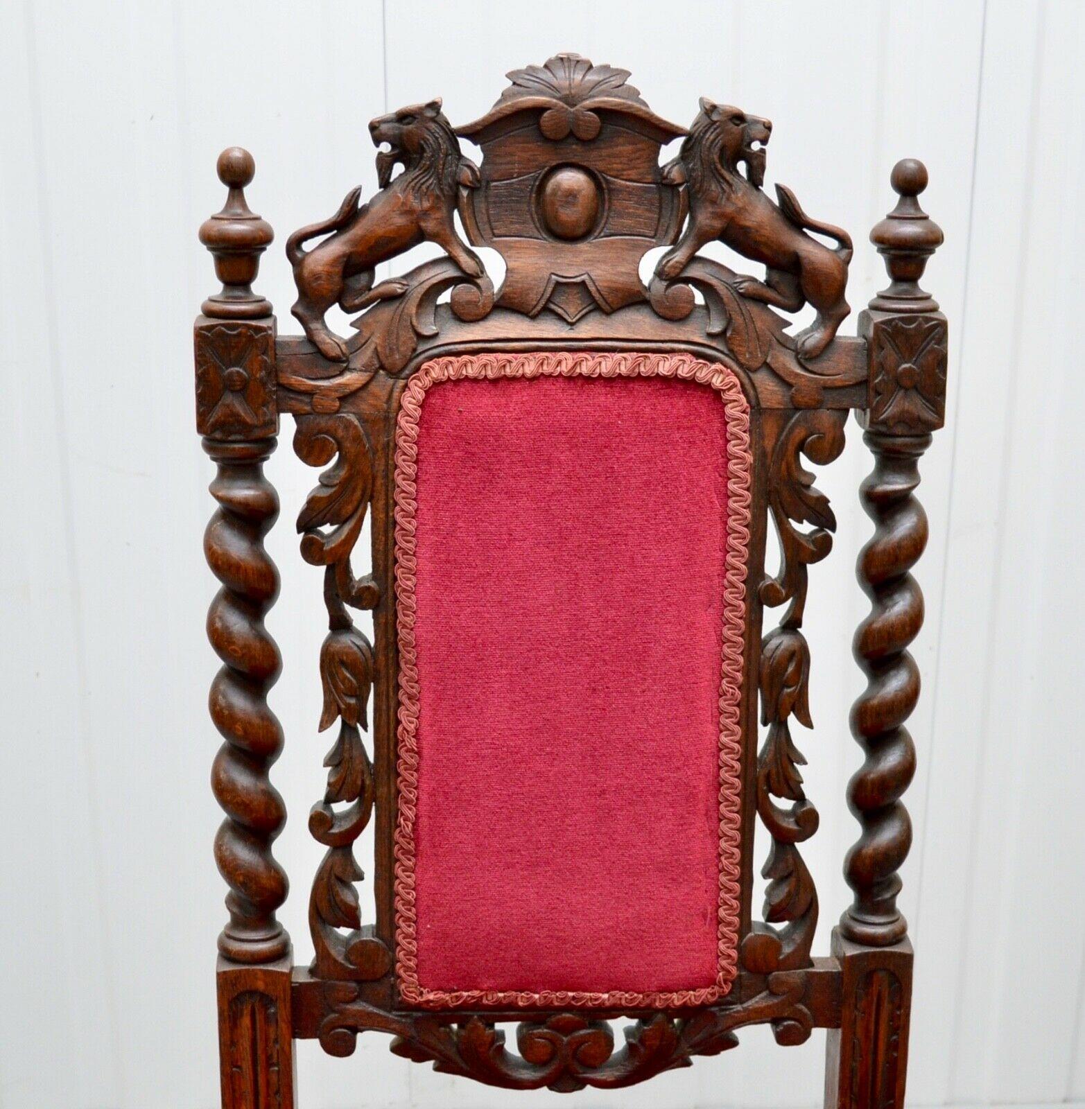 19th Century SET OF 6 CARVED CHAIRS WiTH LIONS ON THE BACK ARMORIAL CREST/ COAT OF ARMS