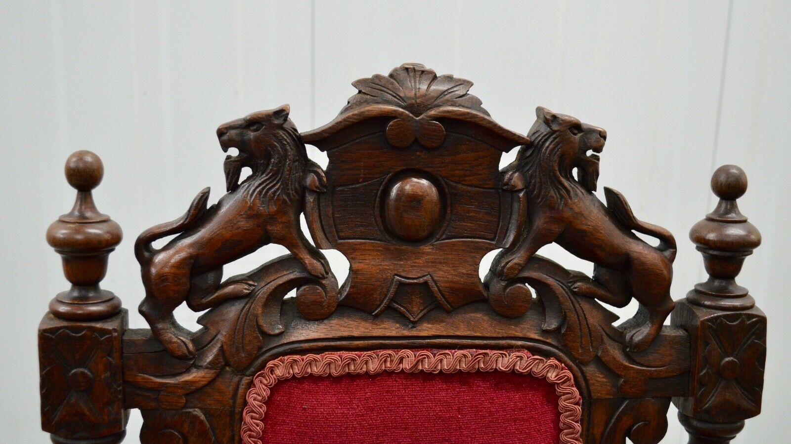 Velvet SET OF 6 CARVED CHAIRS WiTH LIONS ON THE BACK ARMORIAL CREST/ COAT OF ARMS
