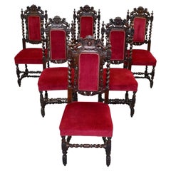 SET OF 6 CARVED CHAIRS WiTH LIONS ON THE BACK ARMORIAL CREST/ COAT OF ARMS