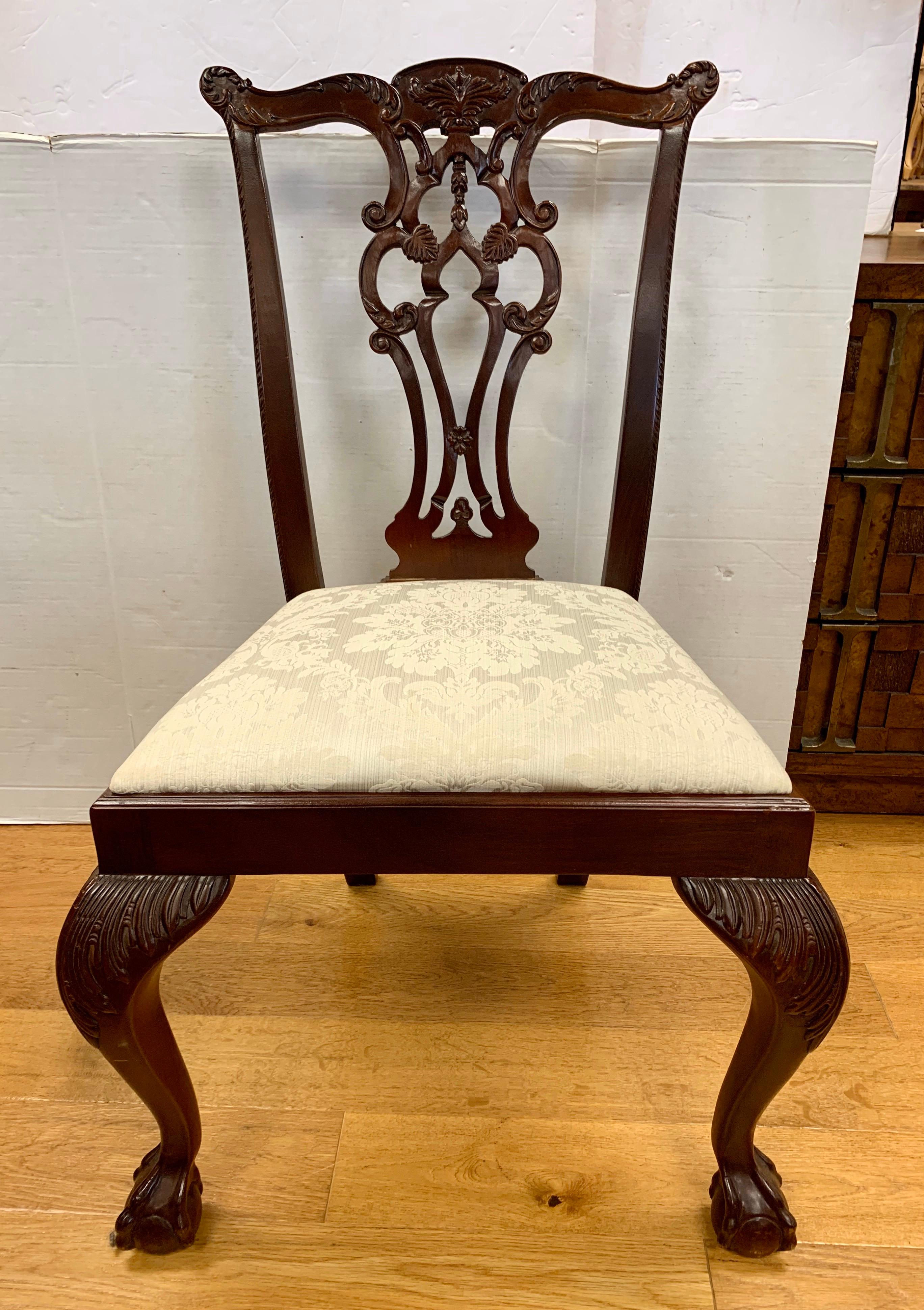 Fabric Set of 6 Carved Mahogany Chippendale Dining Chairs