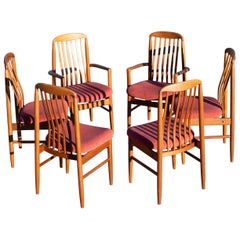 Set di 6 sedie da sala da pranzo in teak intagliato e tessuto rosso/arancio Benny A. Linden