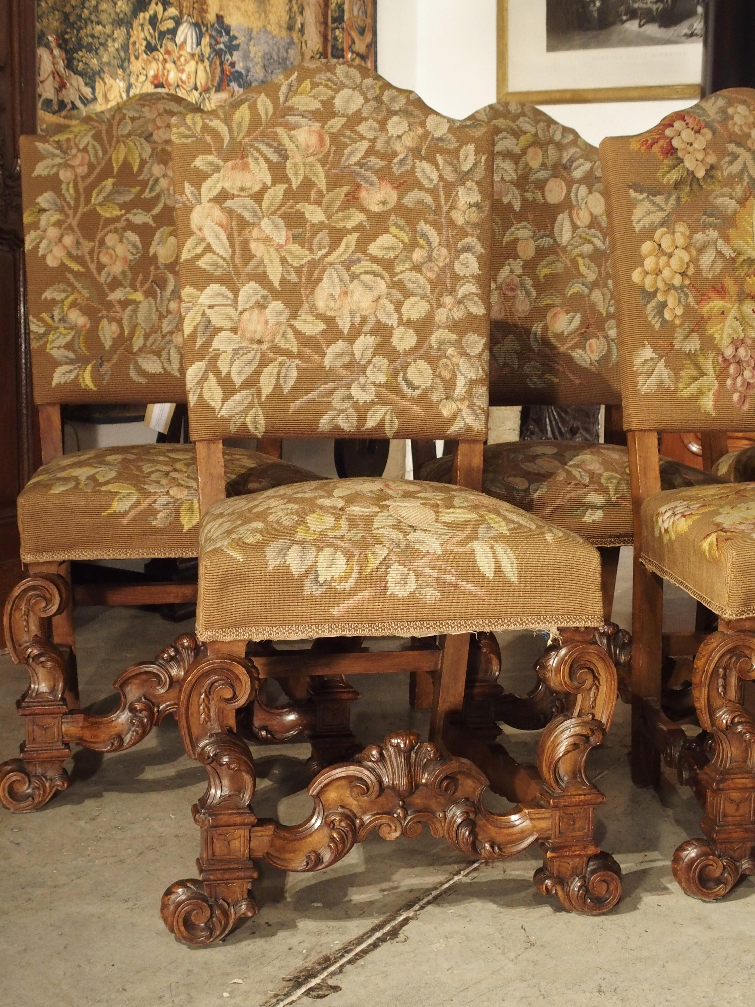 Set of 6 Carved Walnut Wood Dining Chairs from Lombardy, Late 19th Century 7