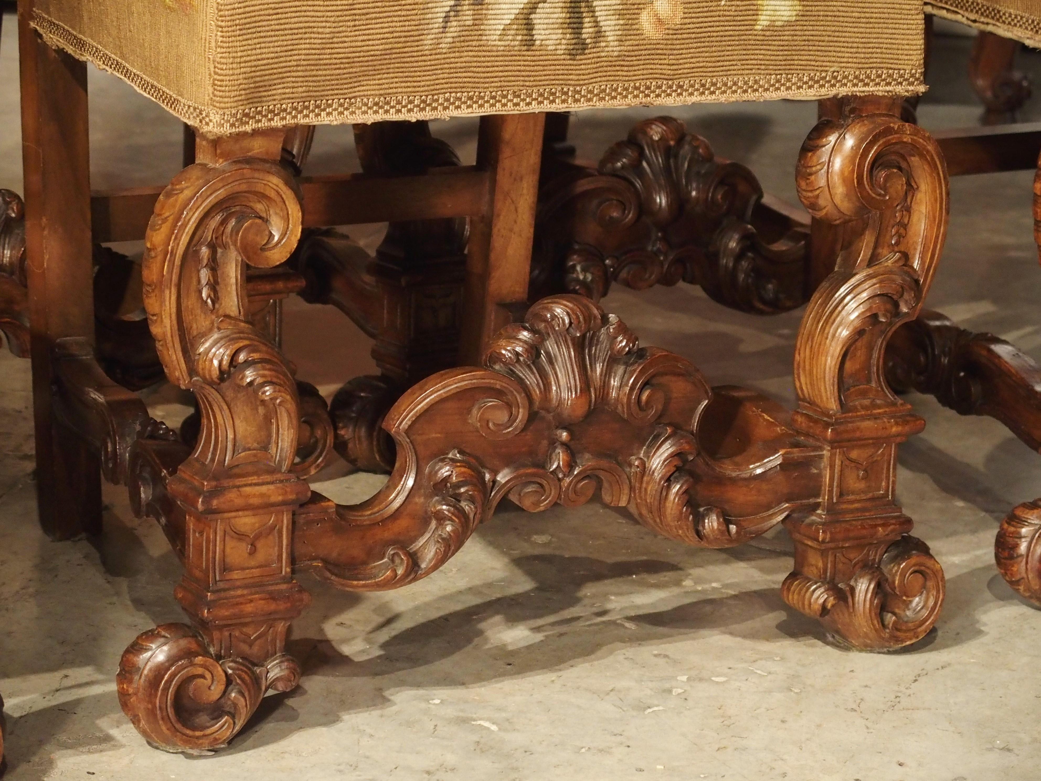Set of 6 Carved Walnut Wood Dining Chairs from Lombardy, Late 19th Century 8