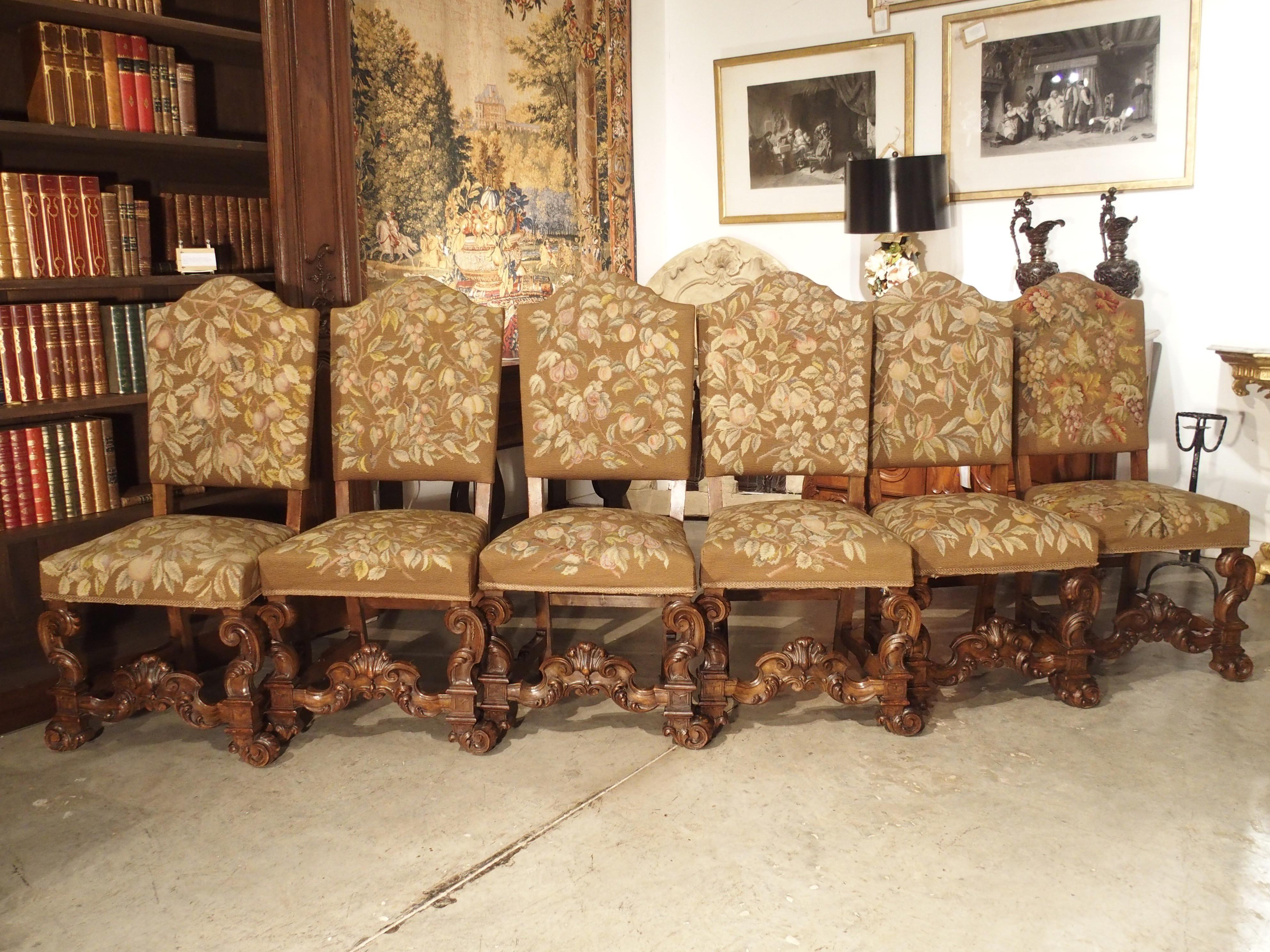 Set of 6 Carved Walnut Wood Dining Chairs from Lombardy, Late 19th Century 11