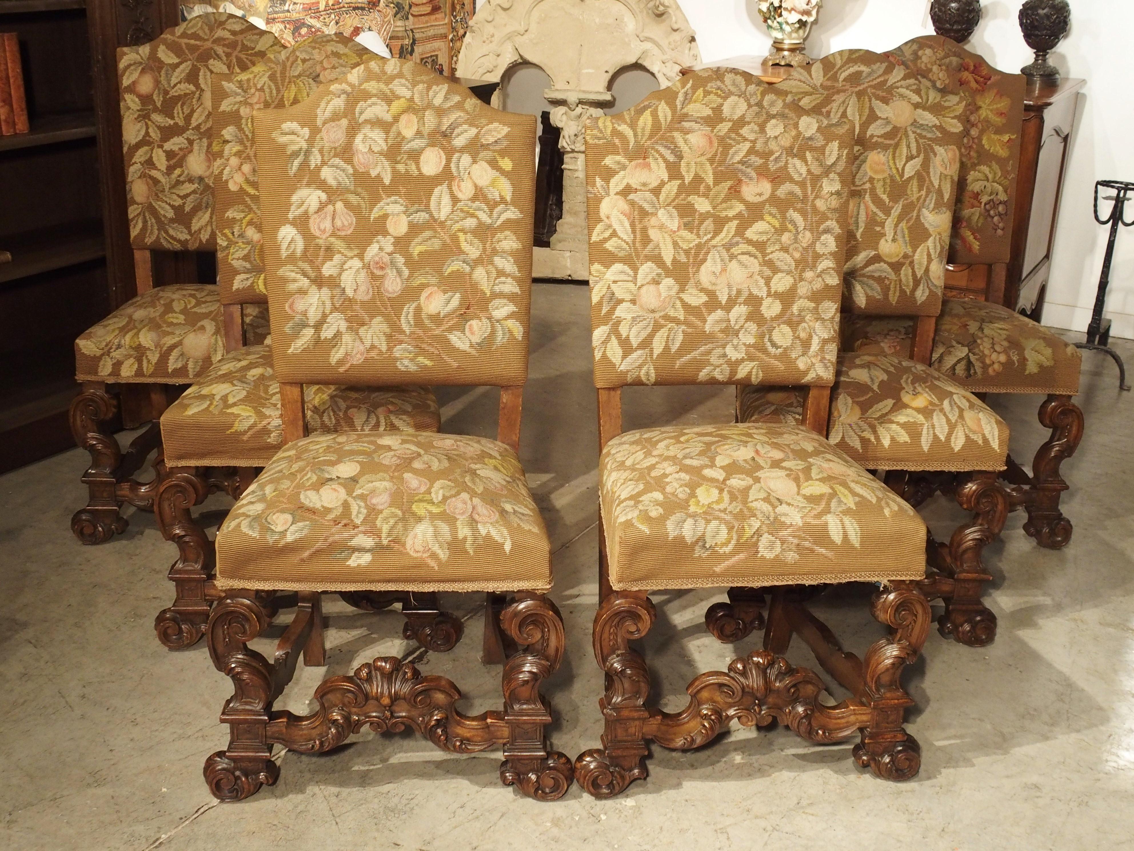 Set of 6 Carved Walnut Wood Dining Chairs from Lombardy, Late 19th Century 12