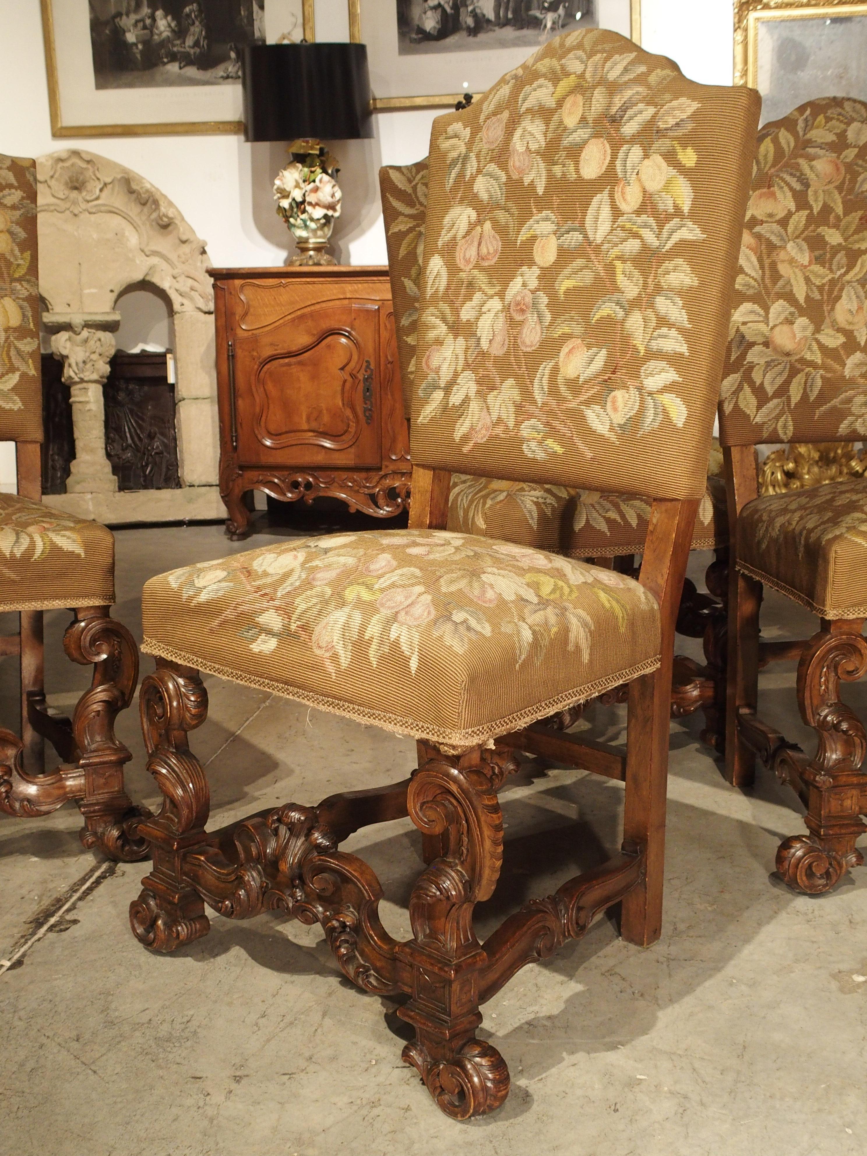 Set of 6 Carved Walnut Wood Dining Chairs from Lombardy, Late 19th Century 13