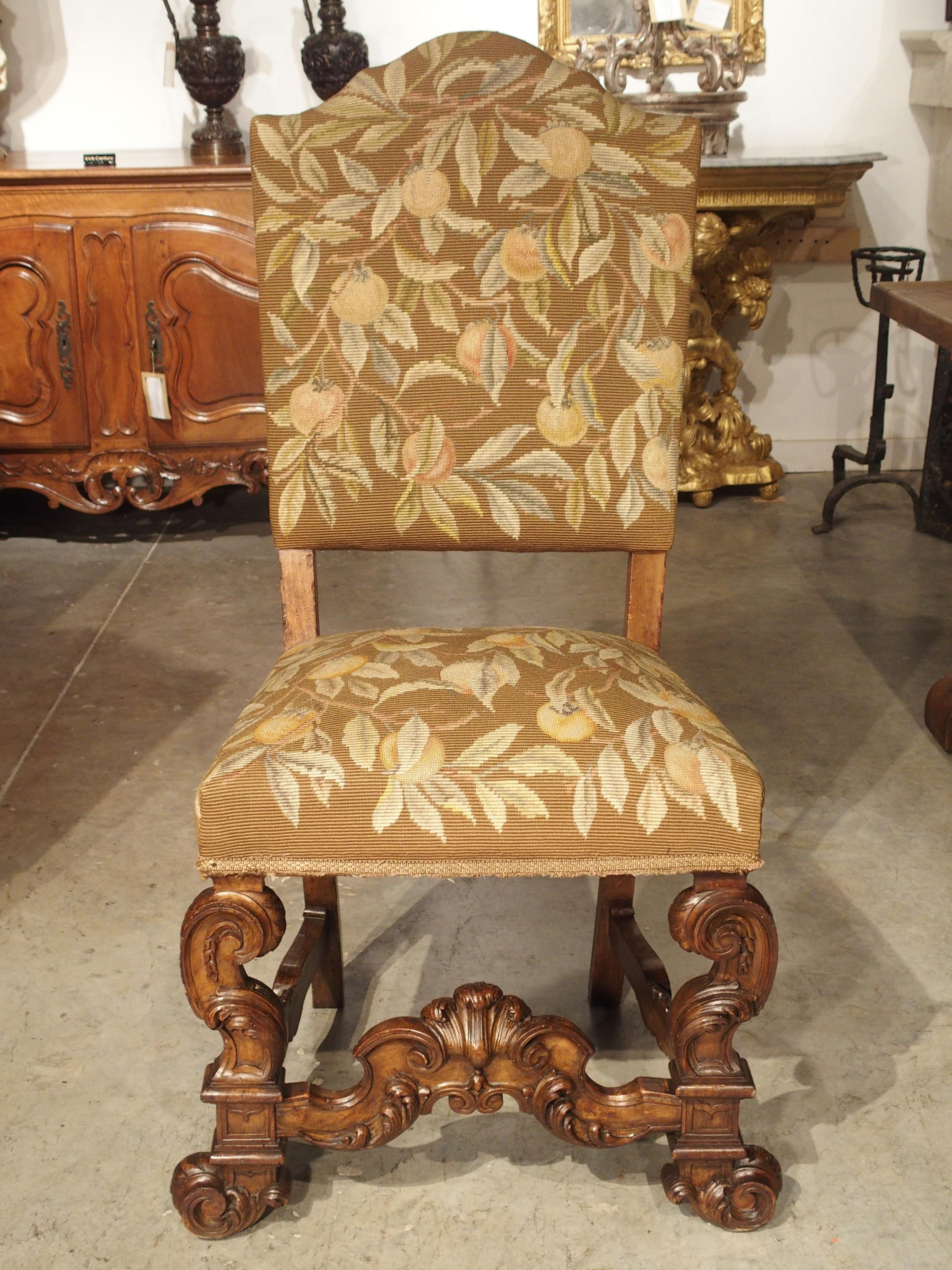 Baroque Set of 6 Carved Walnut Wood Dining Chairs from Lombardy, Late 19th Century