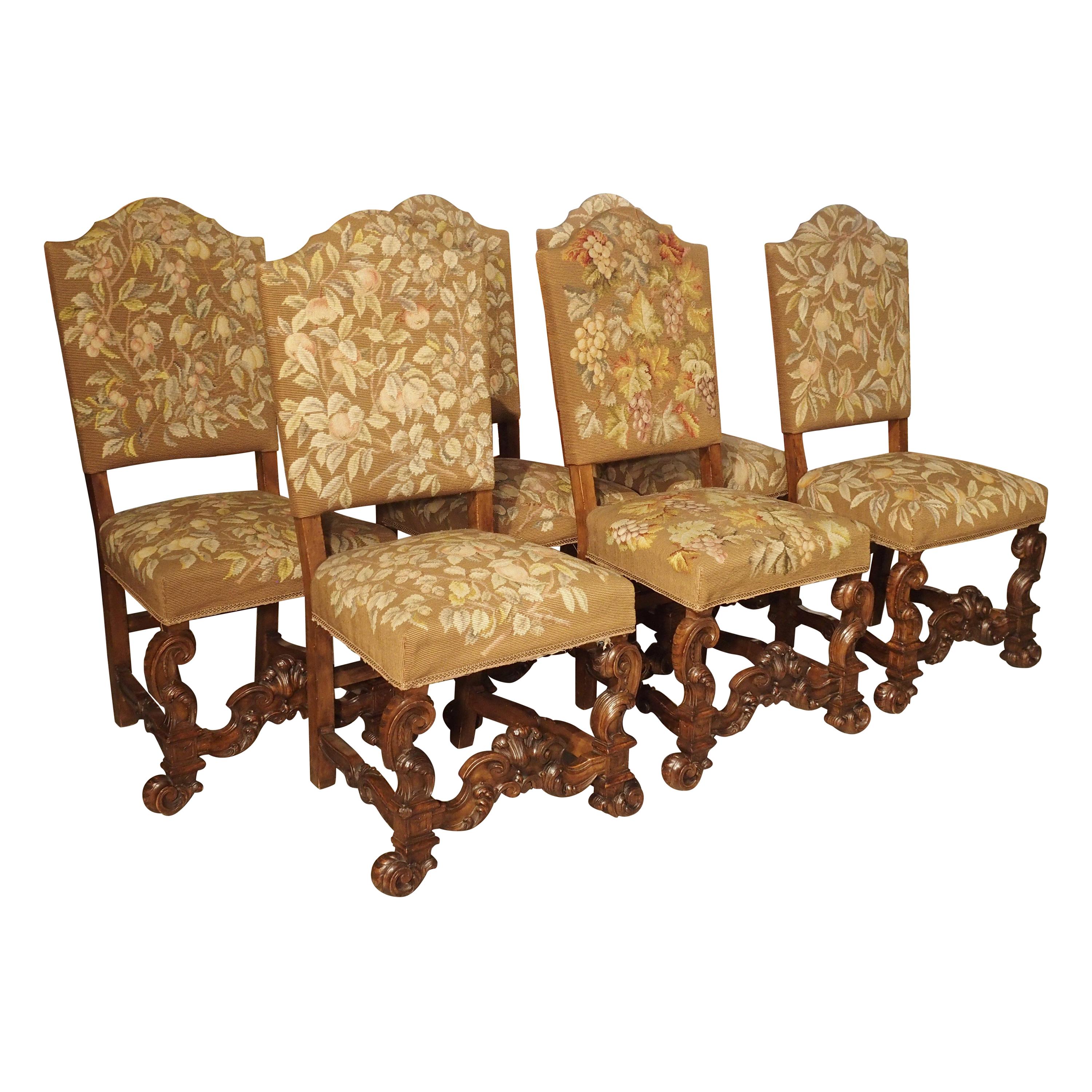 Set of 6 Carved Walnut Wood Dining Chairs from Lombardy, Late 19th Century