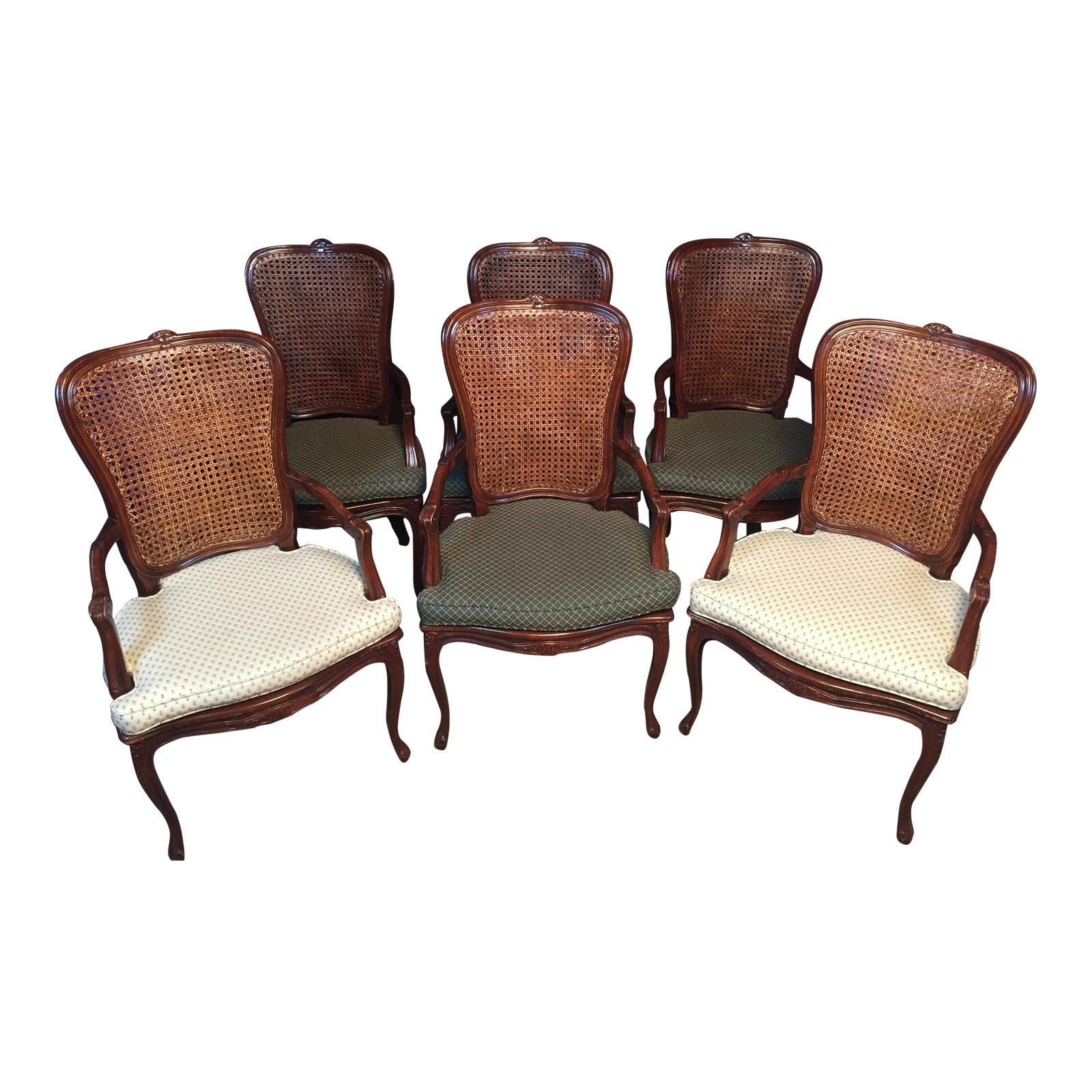 Set of 6 Carved Wood and Caned Dining Arm Chairs With Green and White Cusions
