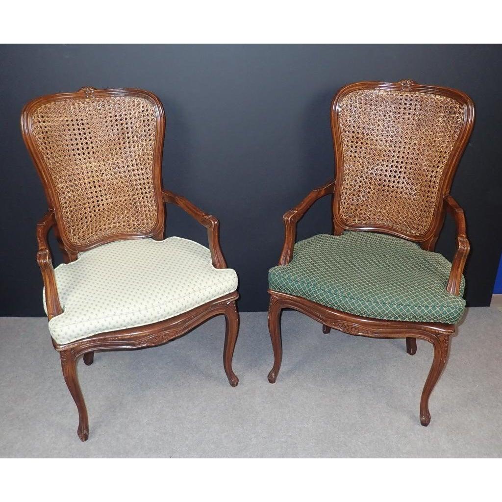 French Provincial Set of 6 Carved Wood and Caned Dining Arm Chairs With Green and White Cusions