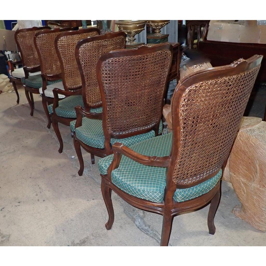 European Set of 6 Carved Wood and Caned Dining Arm Chairs With Green and White Cusions