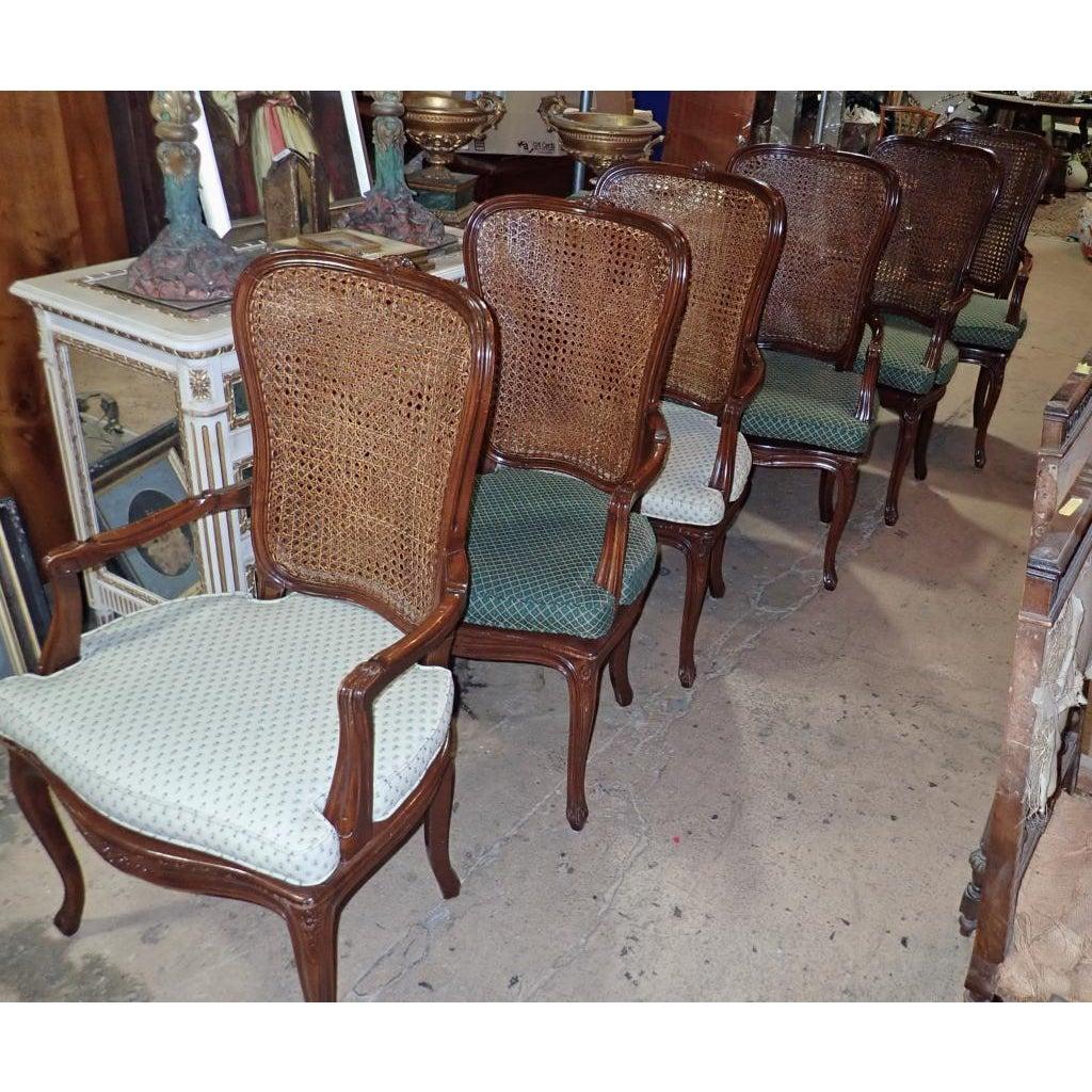 Caning Set of 6 Carved Wood and Caned Dining Arm Chairs With Green and White Cusions